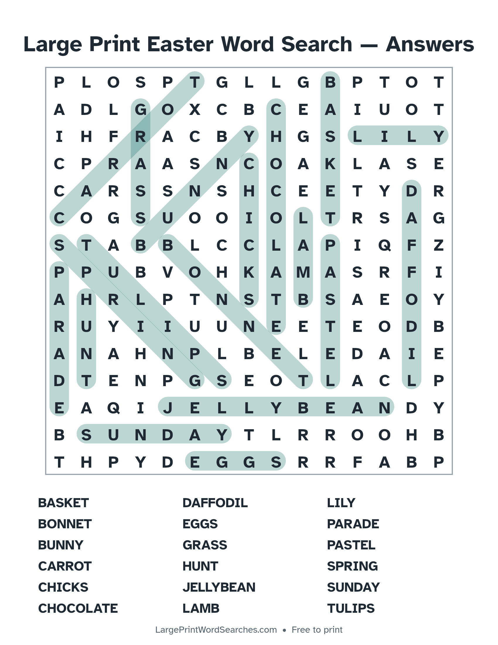 Answer key for large print easter word search puzzle 1 with every hidden word highlighted
