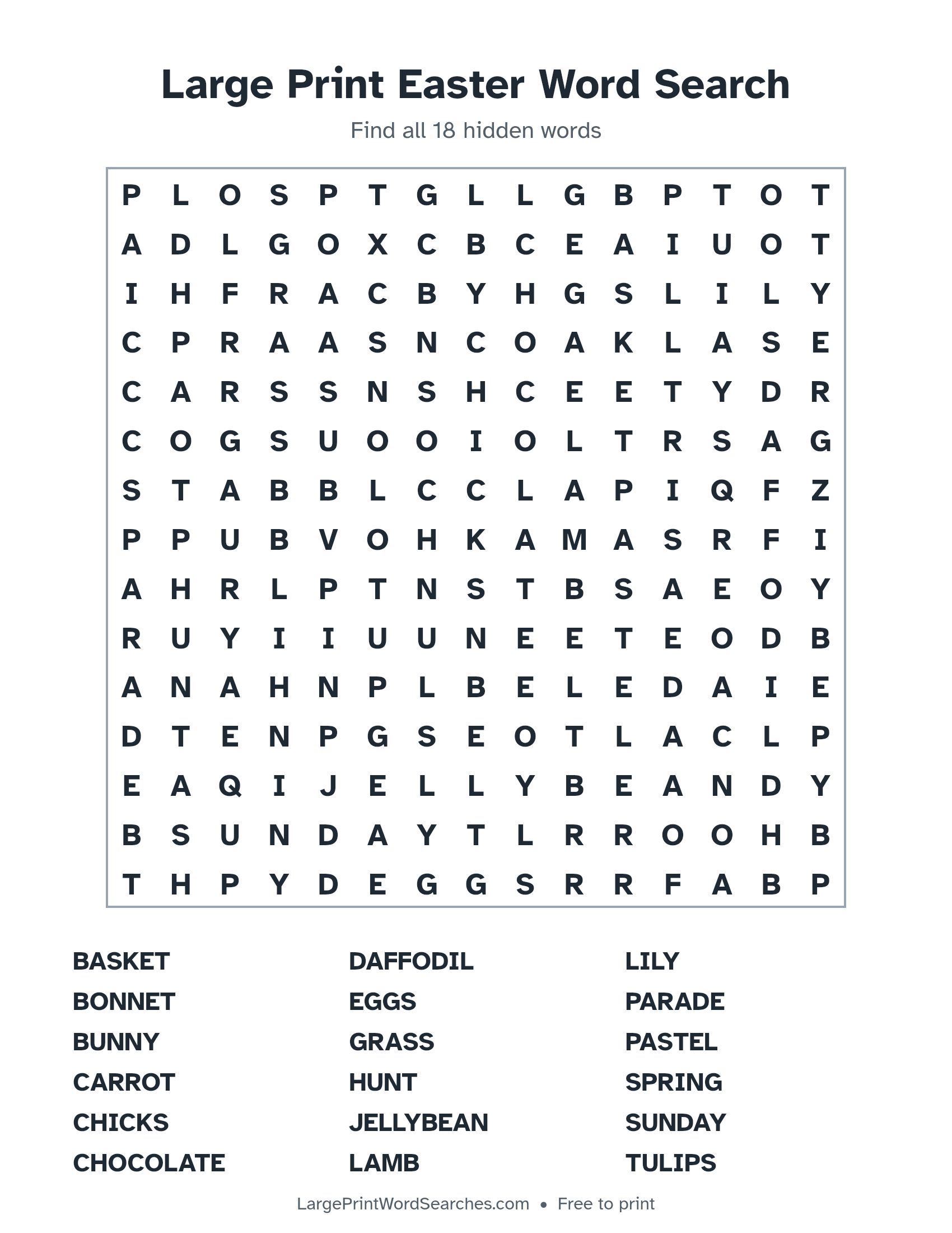 Large Print Easter Word Search puzzle 1: a 15 by 15 letter grid with 18 hidden words in large print