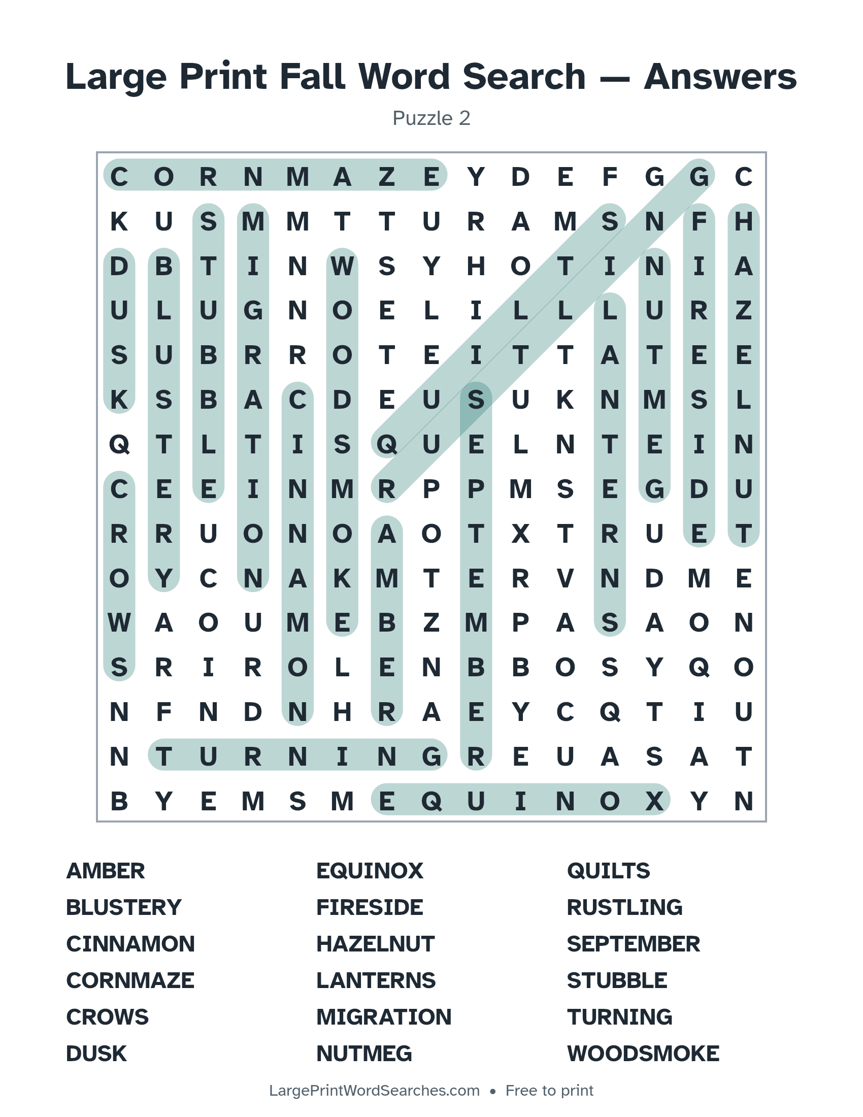 Answer key for large print fall word search puzzle 2 with every hidden word highlighted