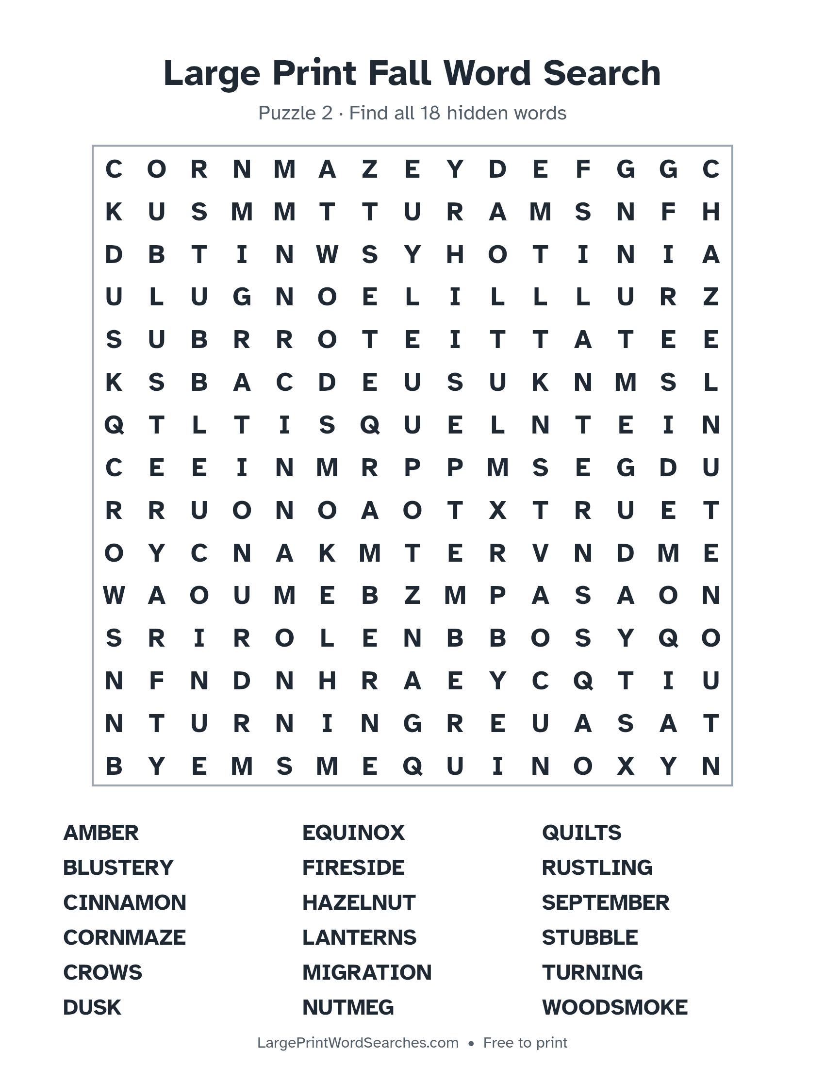 Large Print Fall Word Search puzzle 2: a 15 by 15 letter grid with 18 hidden words in large print