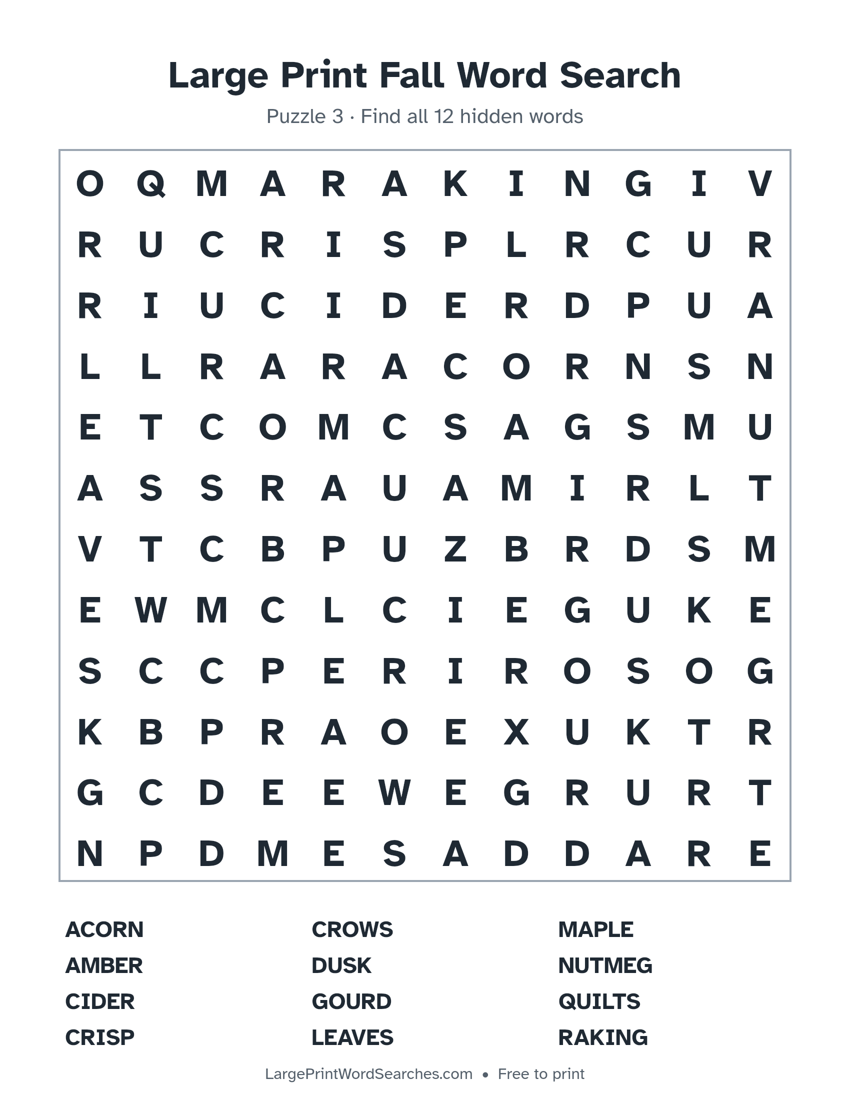 Large Print Fall Word Search puzzle 3: a 12 by 12 letter grid with 12 hidden words in large print