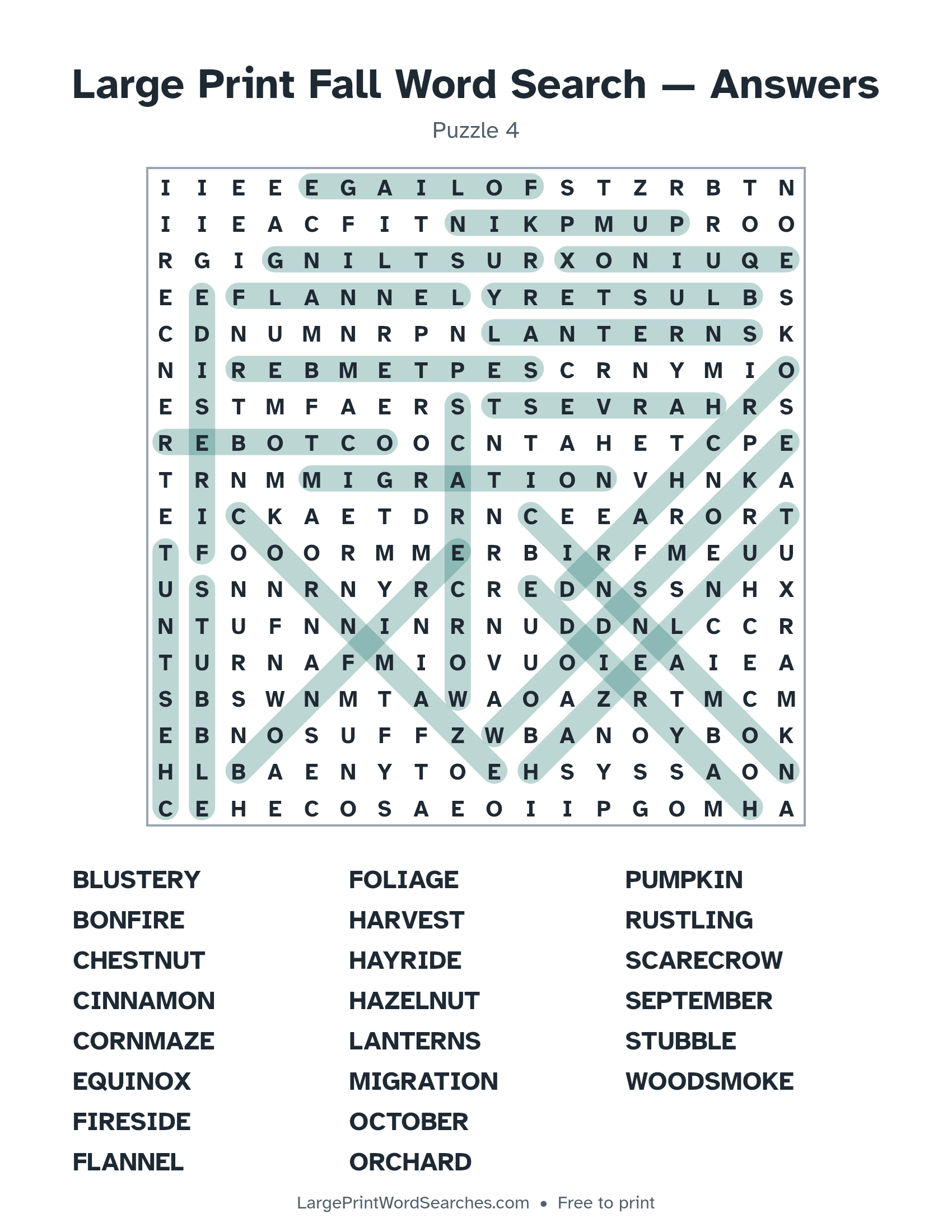 Answer key for large print fall word search puzzle 4 with every hidden word highlighted