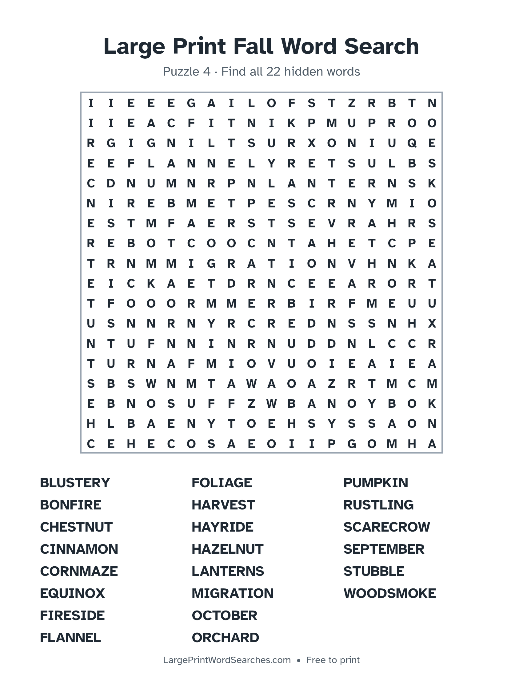 Large Print Fall Word Search puzzle 4: a 18 by 18 letter grid with 22 hidden words in large print