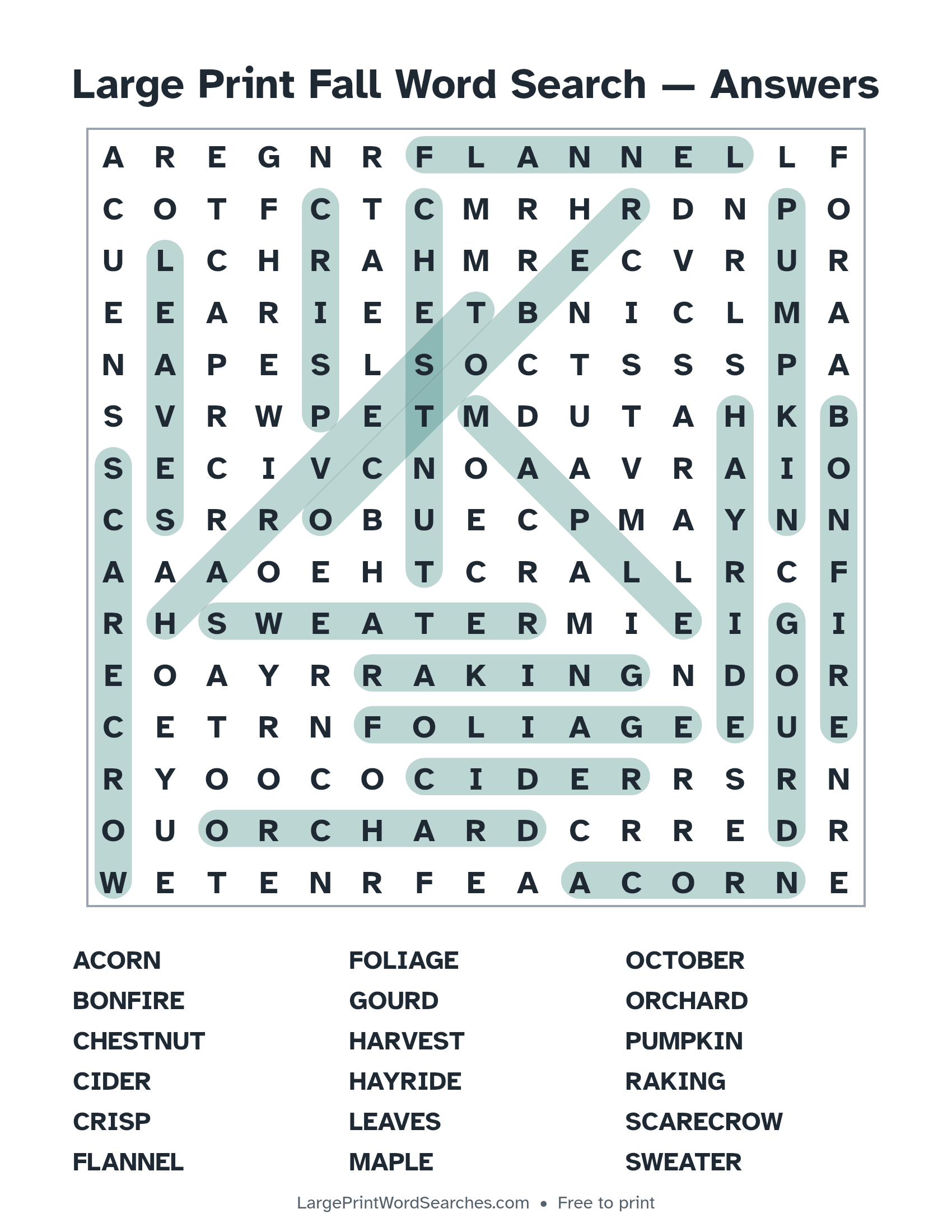Answer key for large print fall word search puzzle 1 with every hidden word highlighted