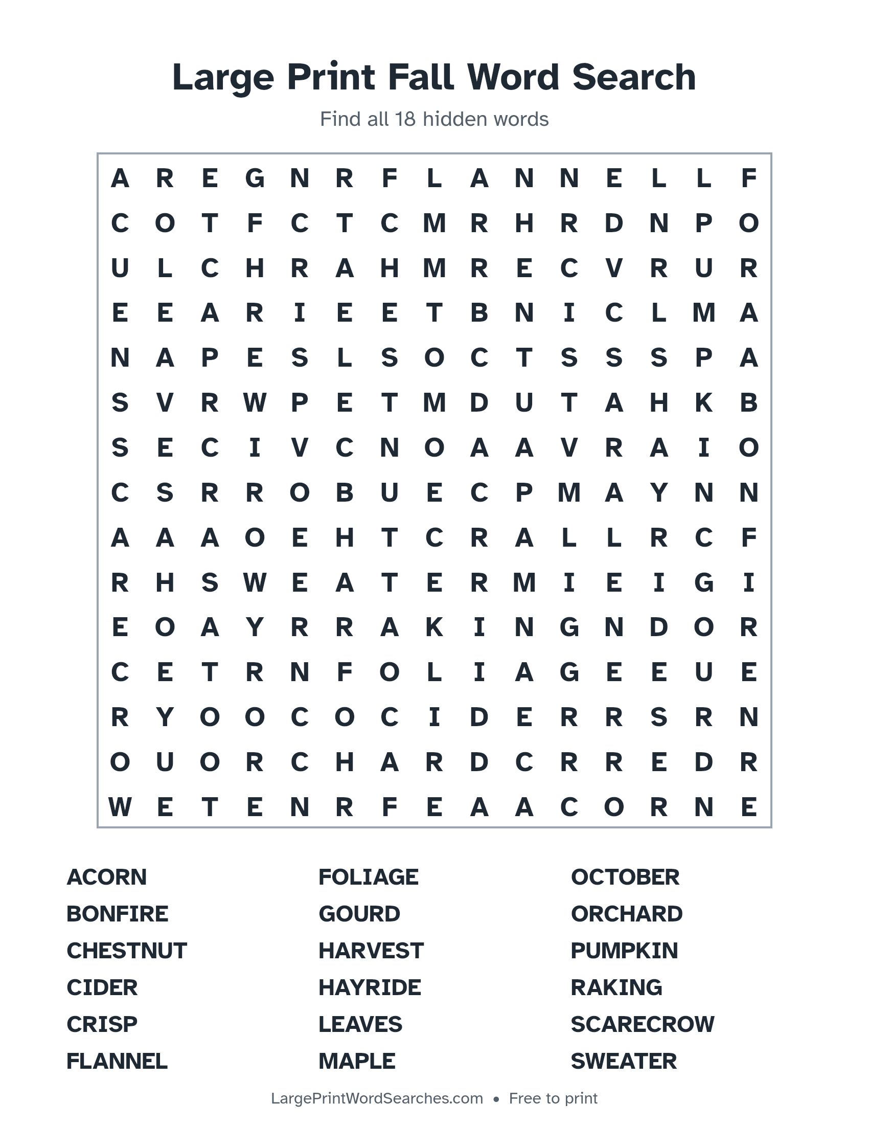 Large Print Fall Word Search puzzle 1: a 15 by 15 letter grid with 18 hidden words in large print