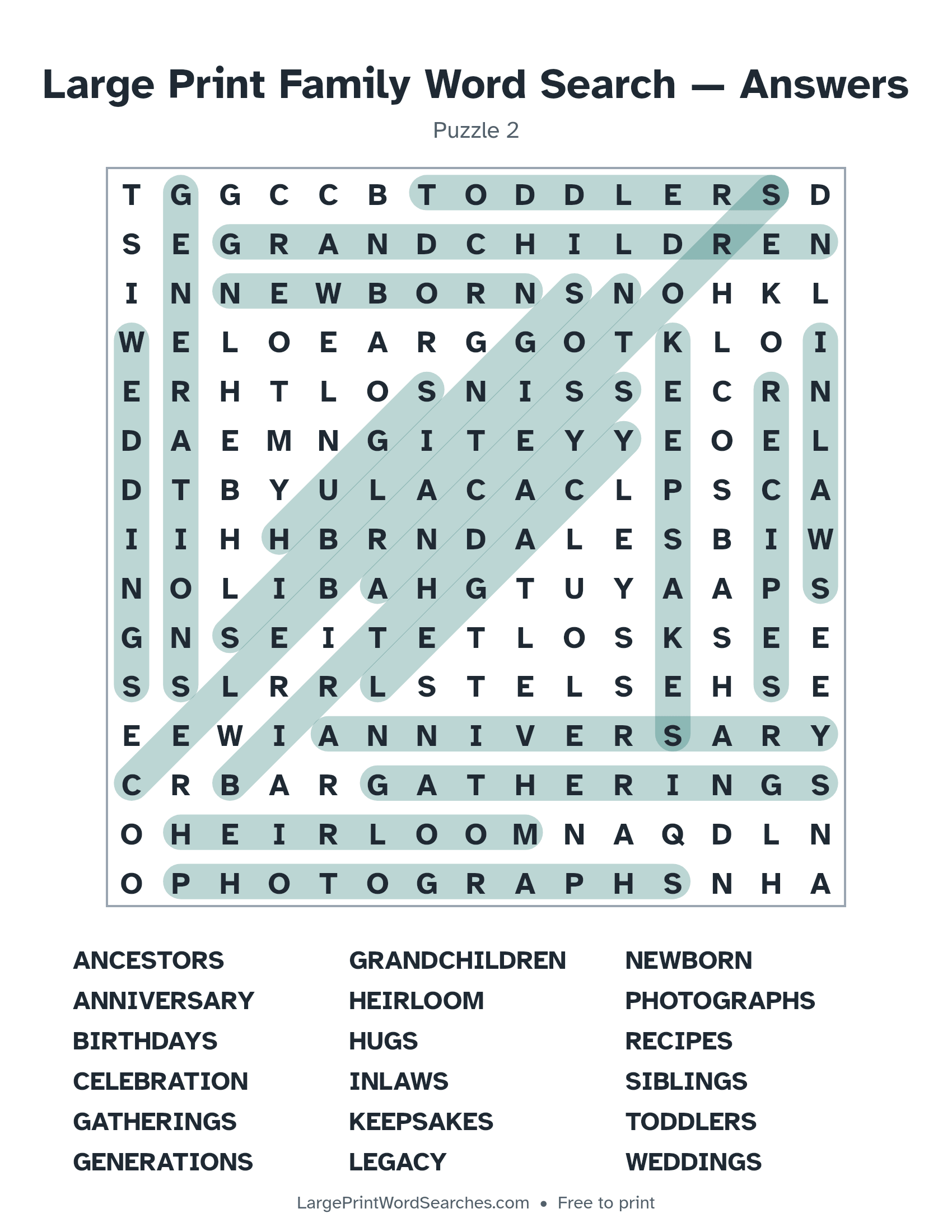 Answer key for large print family word search puzzle 2 with every hidden word highlighted