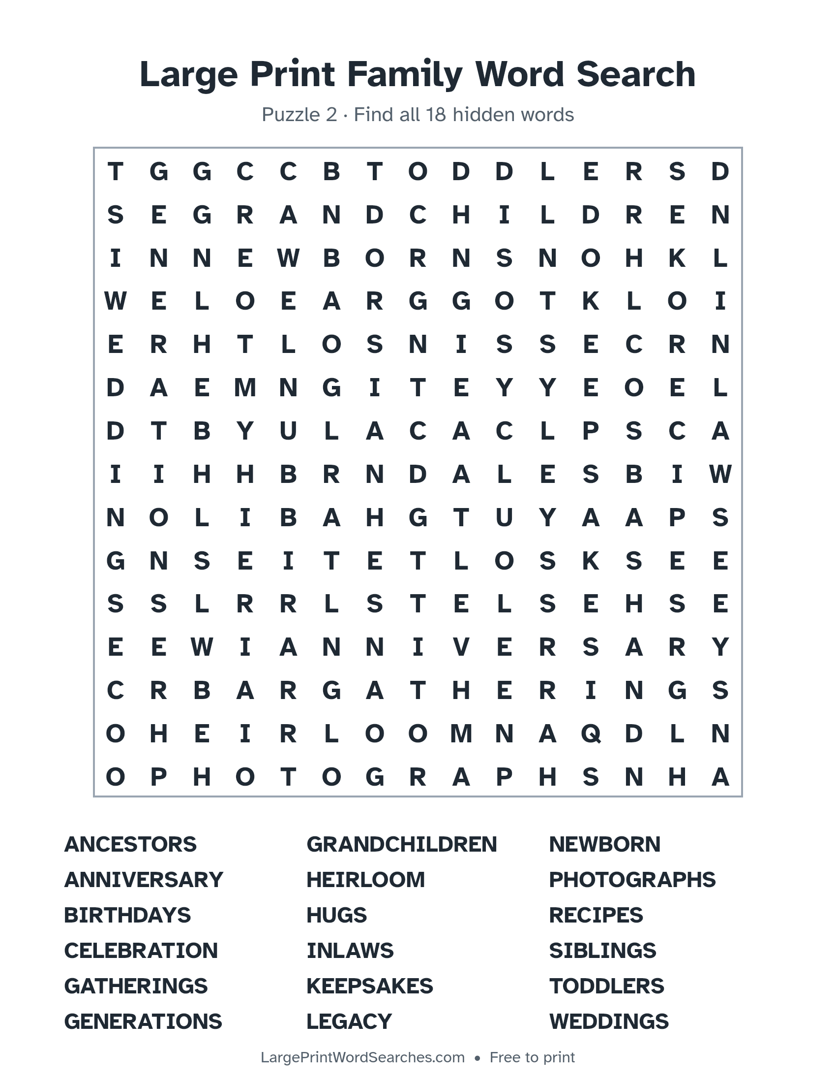 Large Print Family Word Search puzzle 2: a 15 by 15 letter grid with 18 hidden words in large print