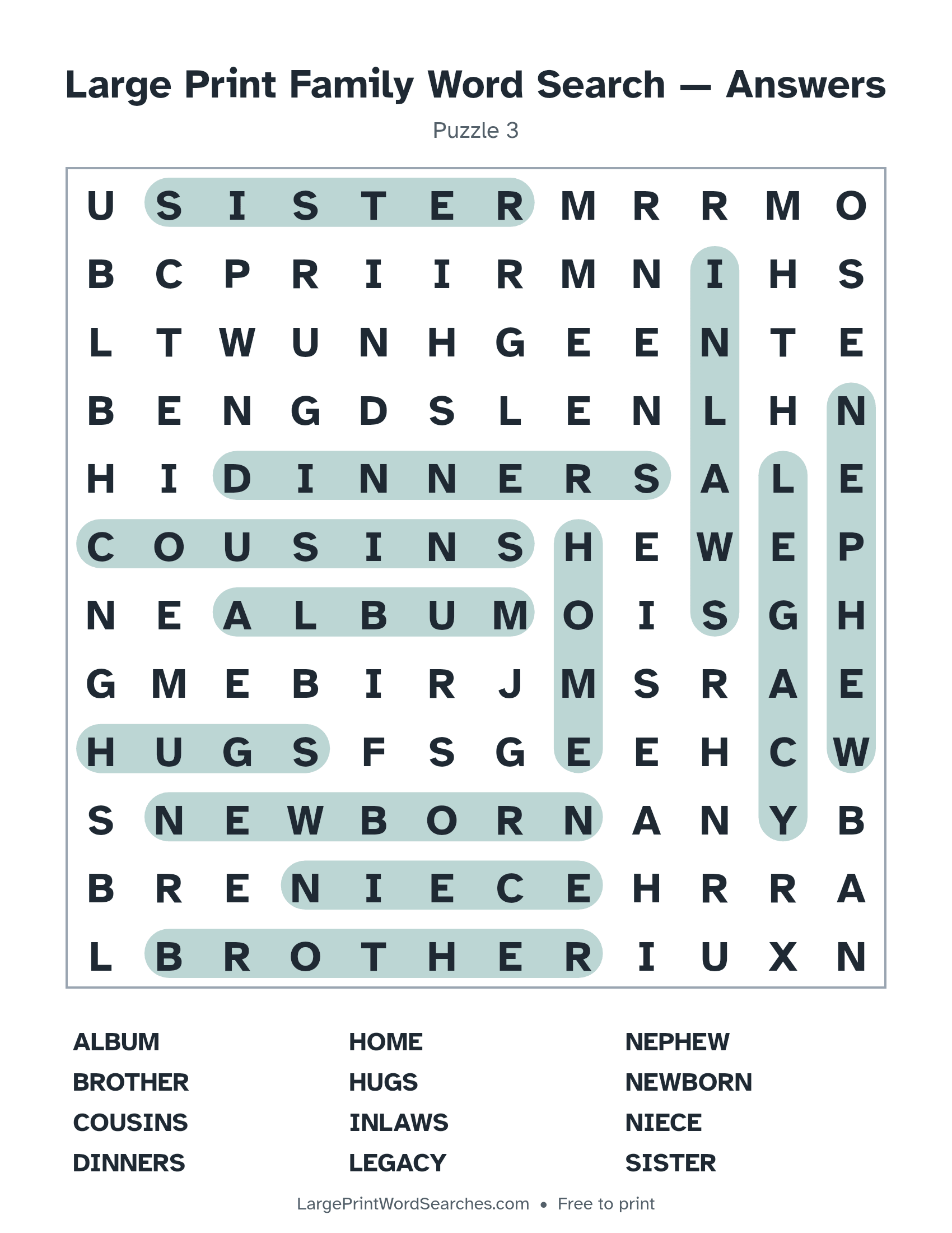 Answer key for large print family word search puzzle 3 with every hidden word highlighted