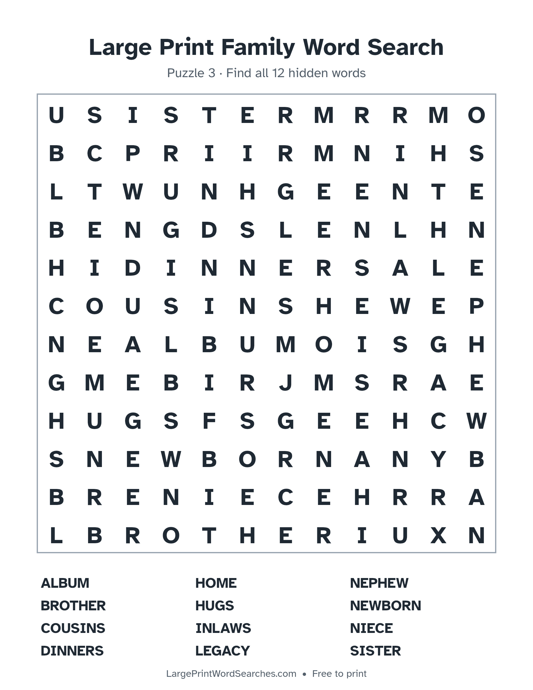 Large Print Family Word Search puzzle 3: a 12 by 12 letter grid with 12 hidden words in large print