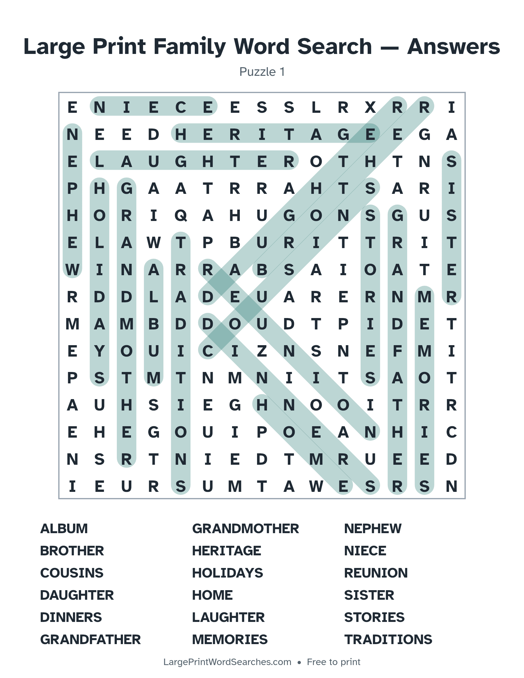 Answer key for large print family word search puzzle 1 with every hidden word highlighted