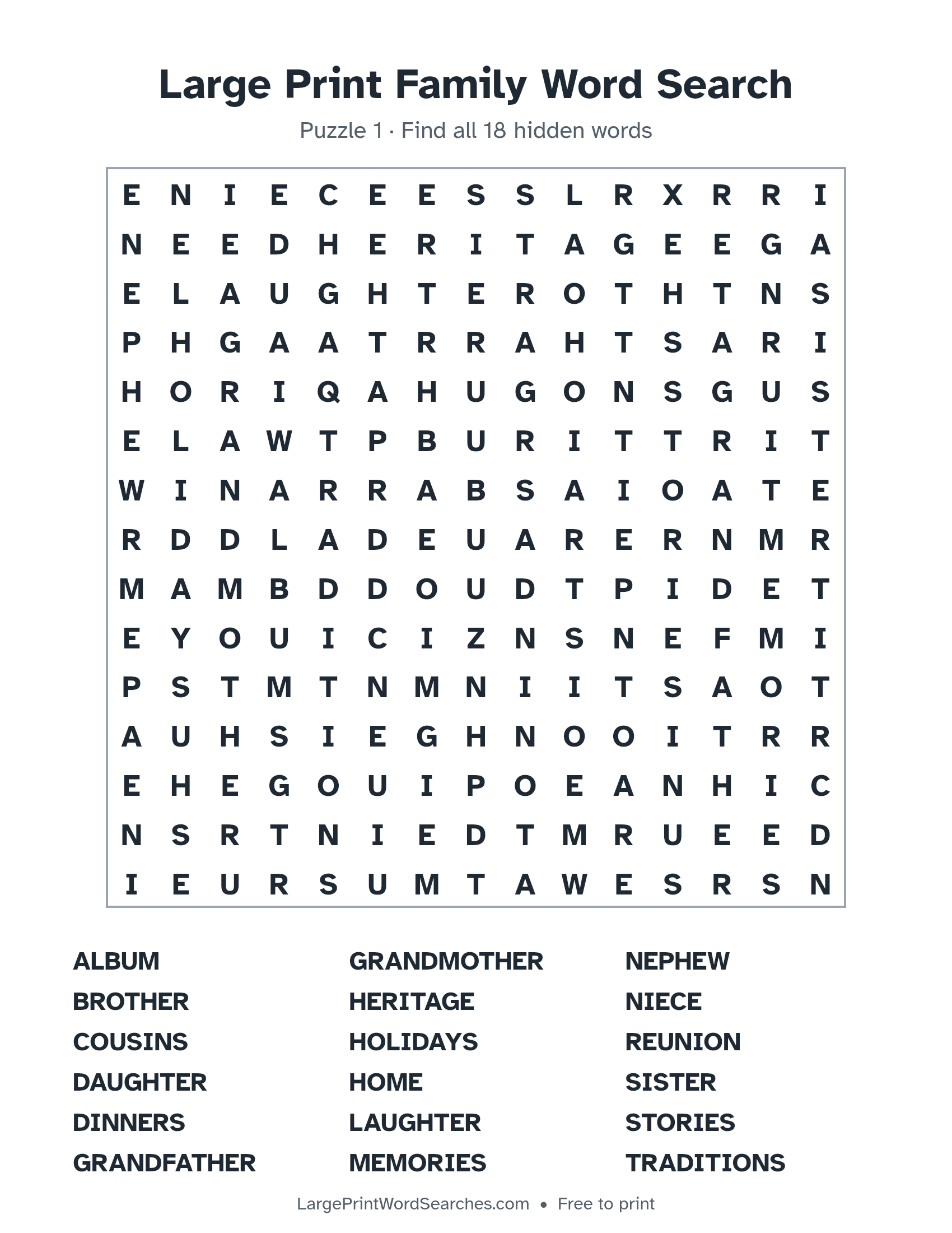 Large Print Family Word Search puzzle 1: a 15 by 15 letter grid with 18 hidden words in large print