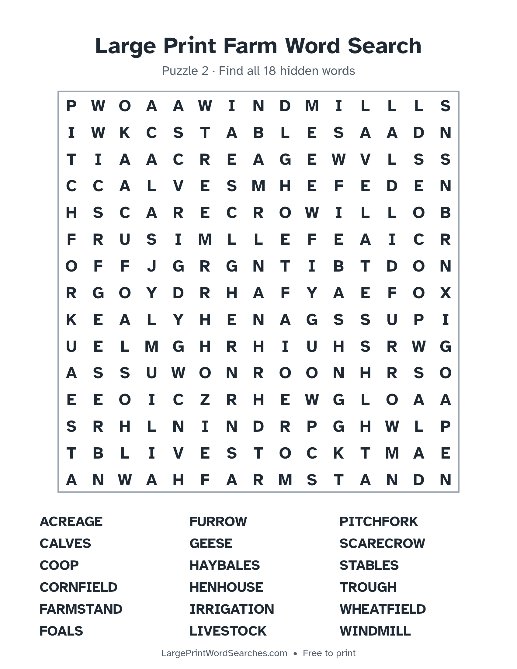 Large Print Farm Word Search puzzle 2: a 15 by 15 letter grid with 18 hidden words in large print