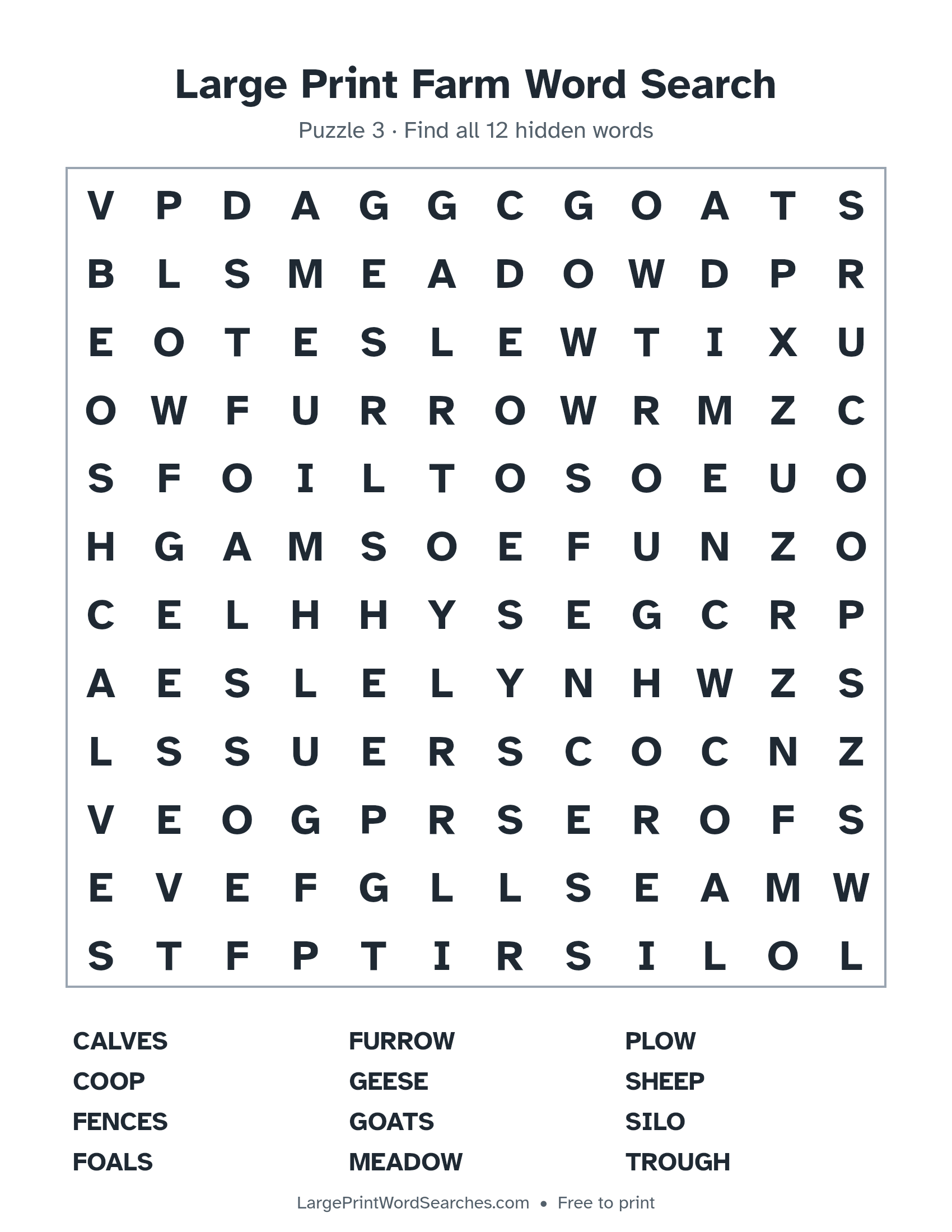 Large Print Farm Word Search puzzle 3: a 12 by 12 letter grid with 12 hidden words in large print