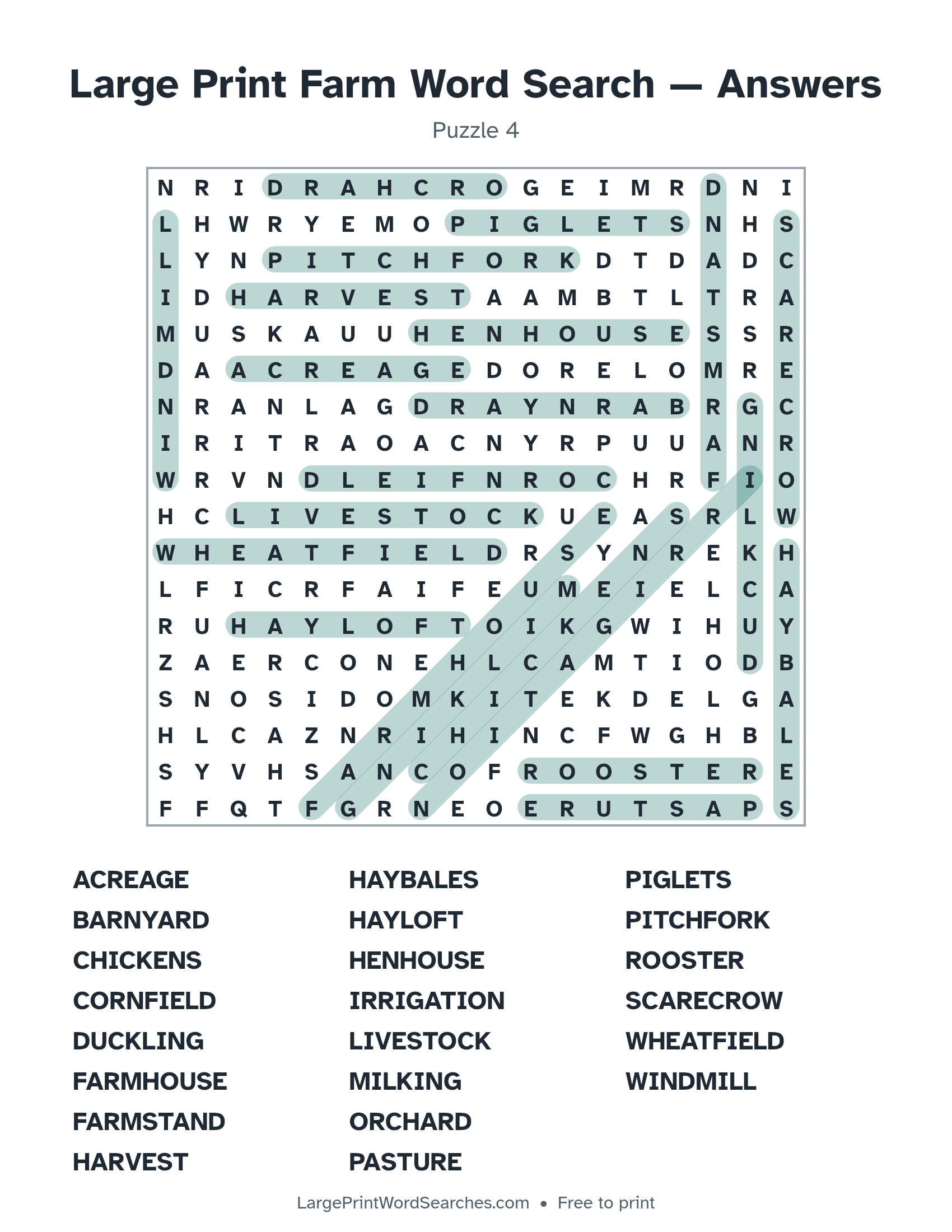 Answer key for large print farm word search puzzle 4 with every hidden word highlighted