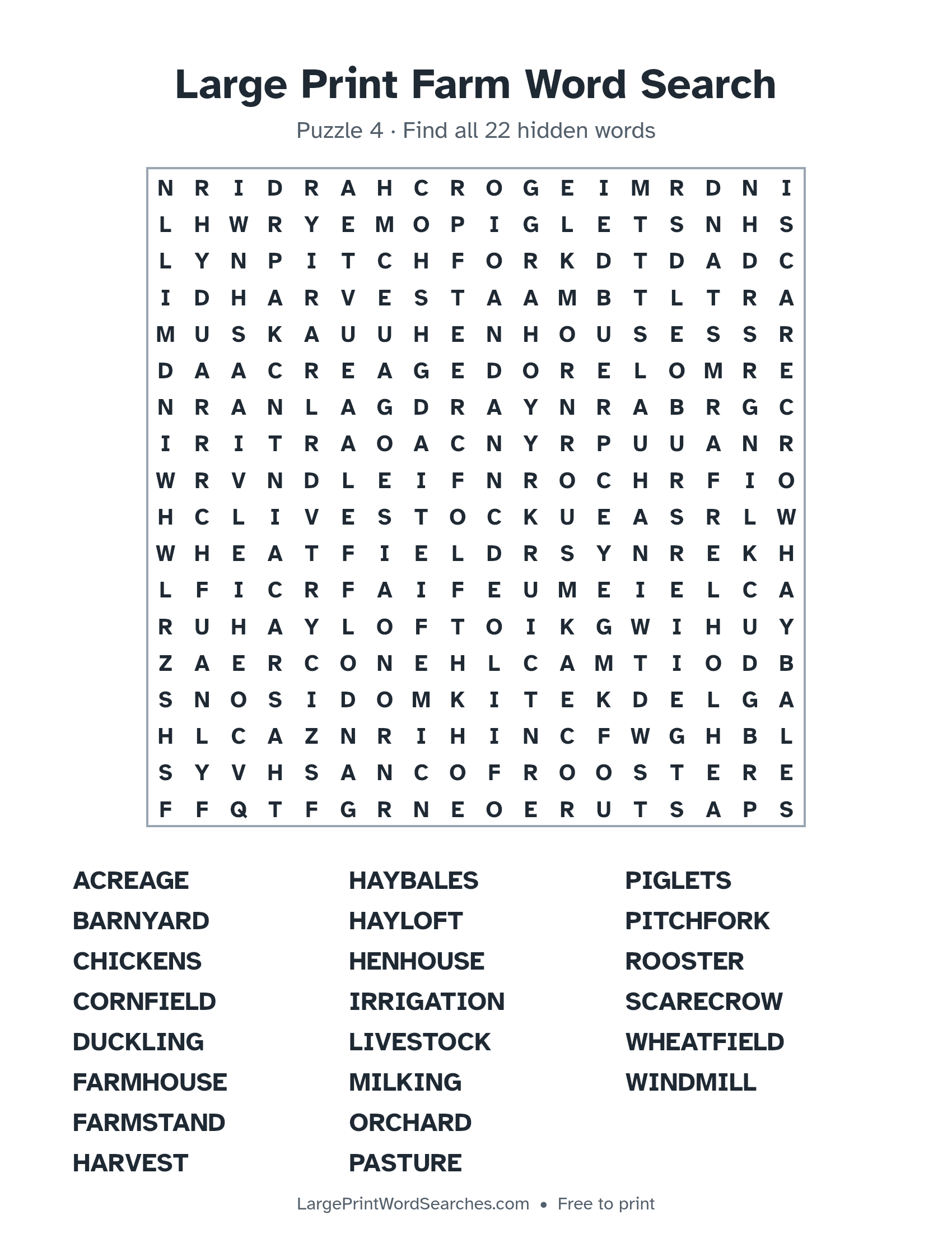 Large Print Farm Word Search puzzle 4: a 18 by 18 letter grid with 22 hidden words in large print