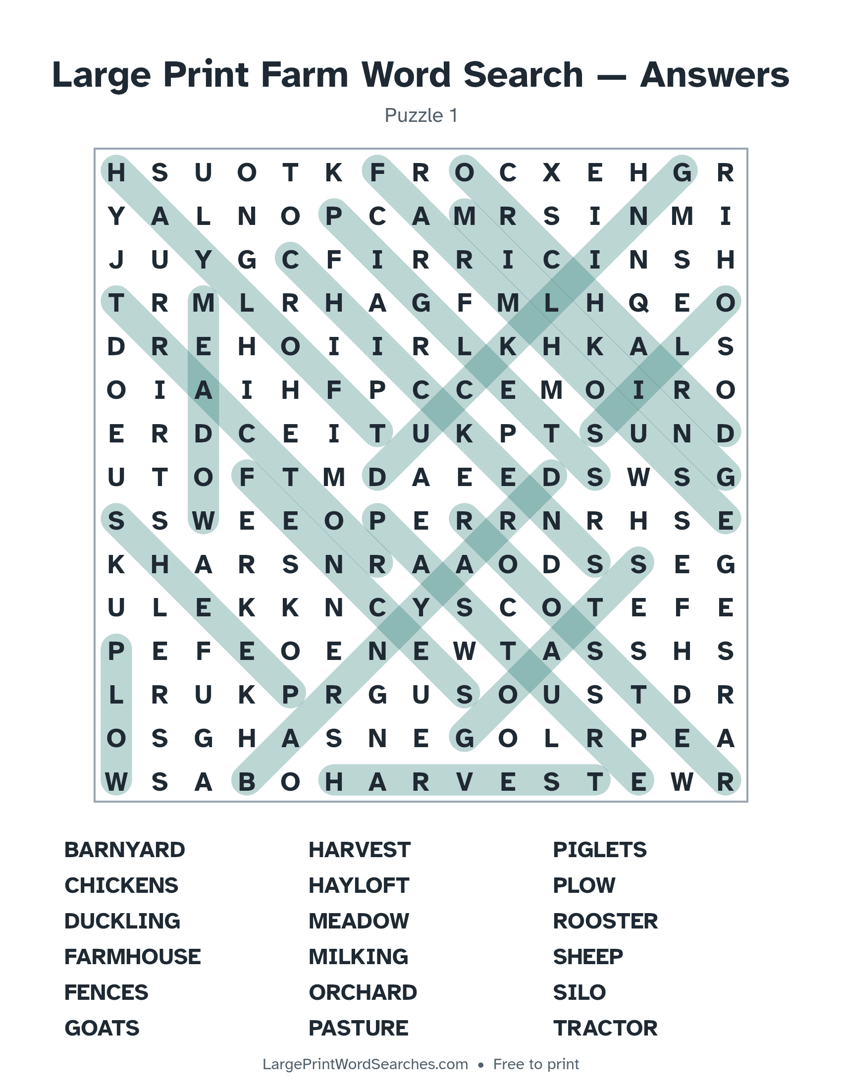 Answer key for large print farm word search puzzle 1 with every hidden word highlighted