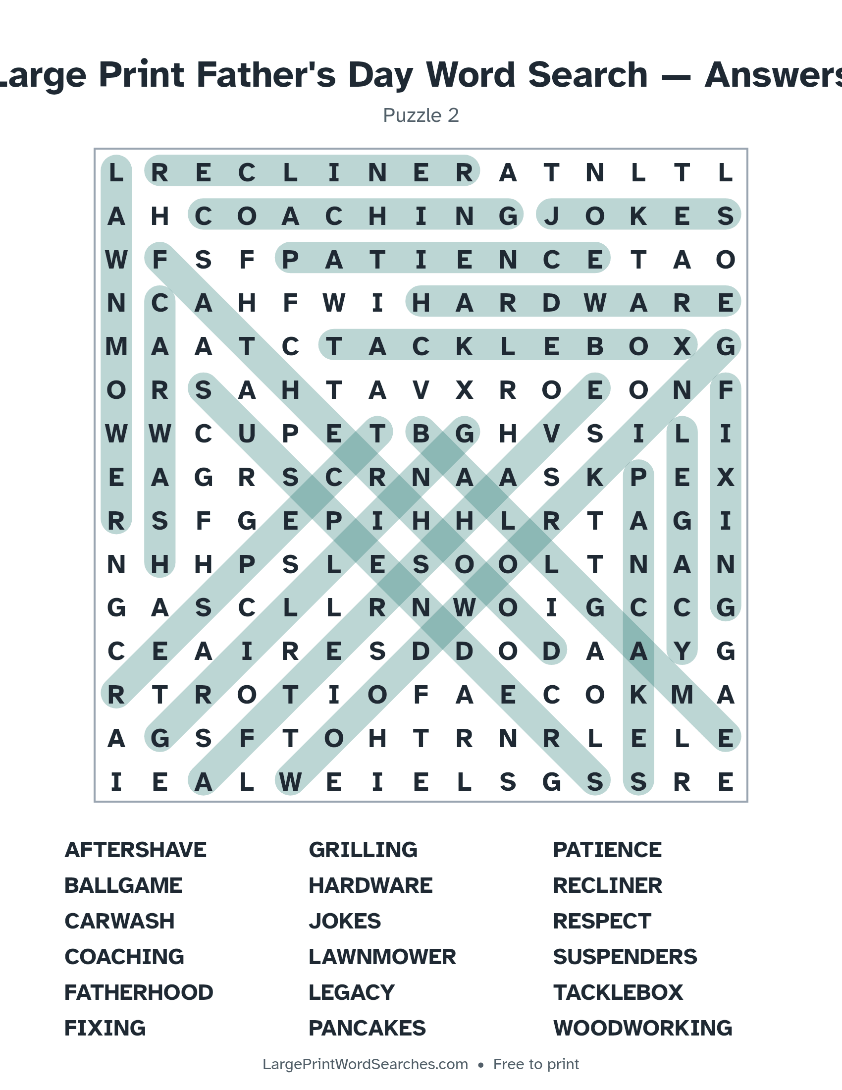 Answer key for large print father's day word search puzzle 2 with every hidden word highlighted