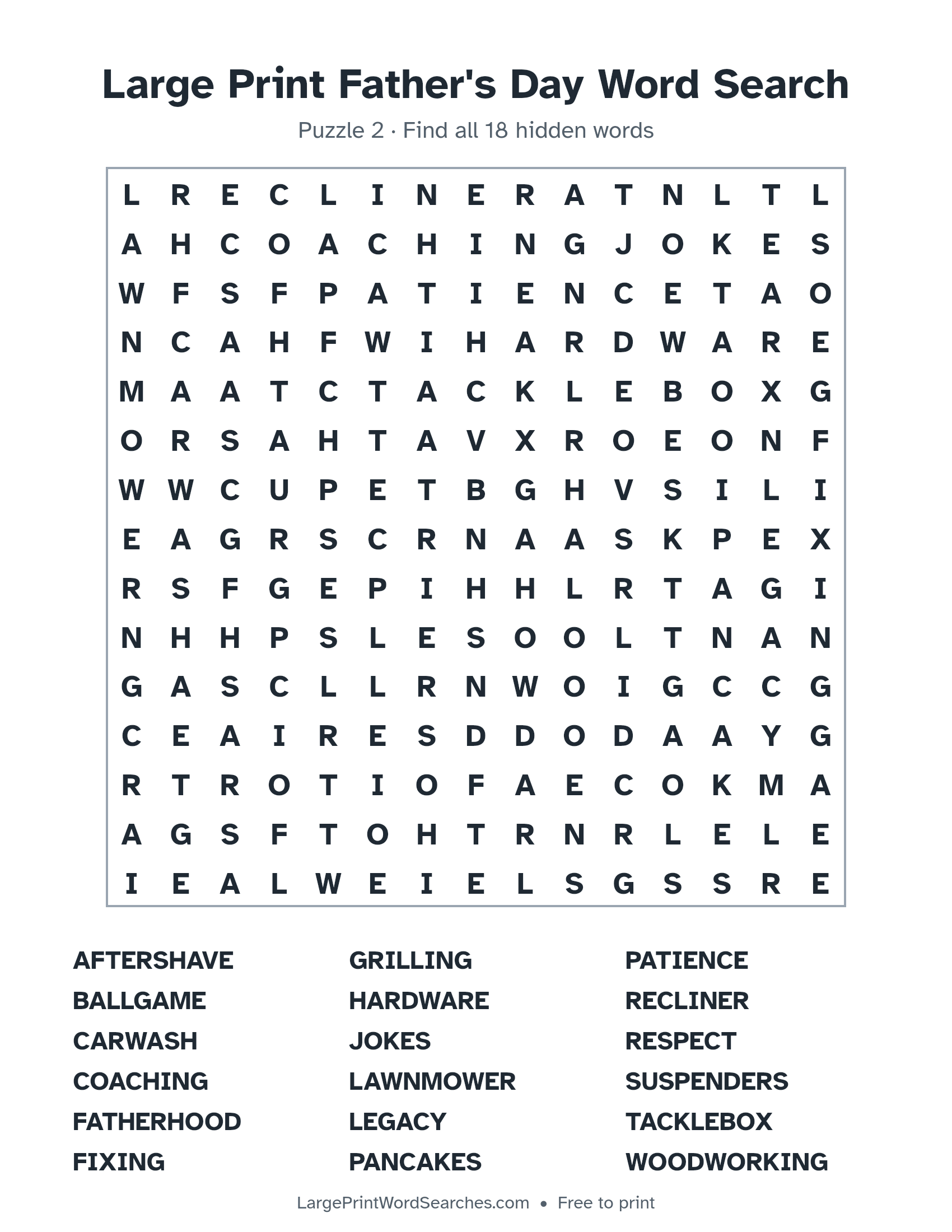 Large Print Father's Day Word Search puzzle 2: a 15 by 15 letter grid with 18 hidden words in large print