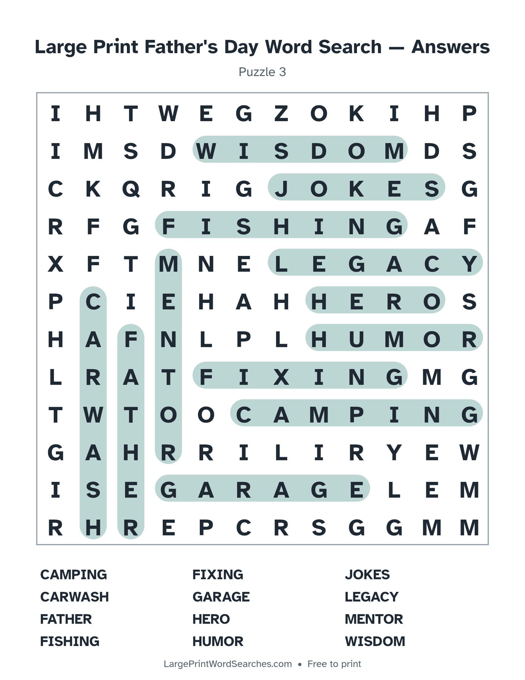 Answer key for large print father's day word search puzzle 3 with every hidden word highlighted