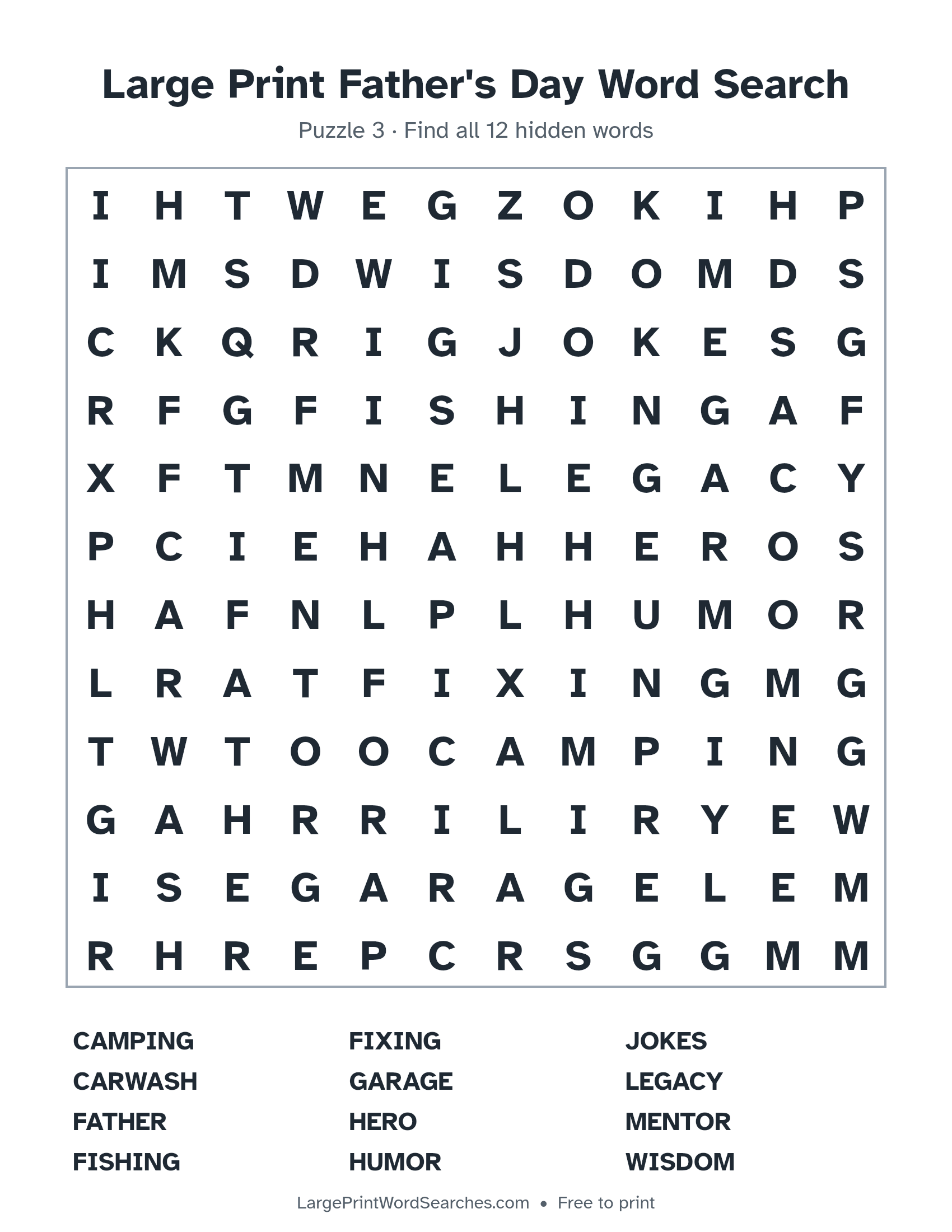 Large Print Father's Day Word Search puzzle 3: a 12 by 12 letter grid with 12 hidden words in large print
