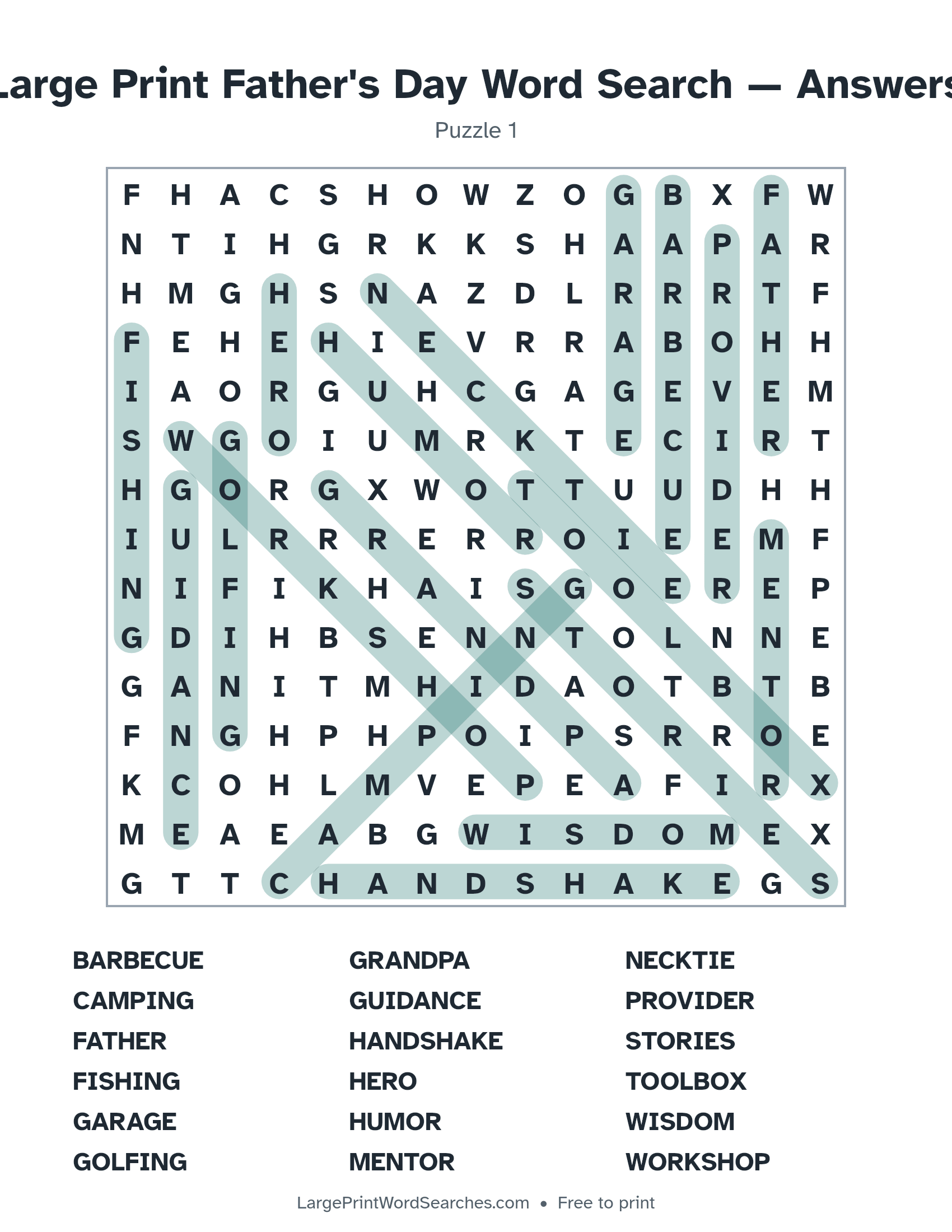 Answer key for large print father's day word search puzzle 1 with every hidden word highlighted