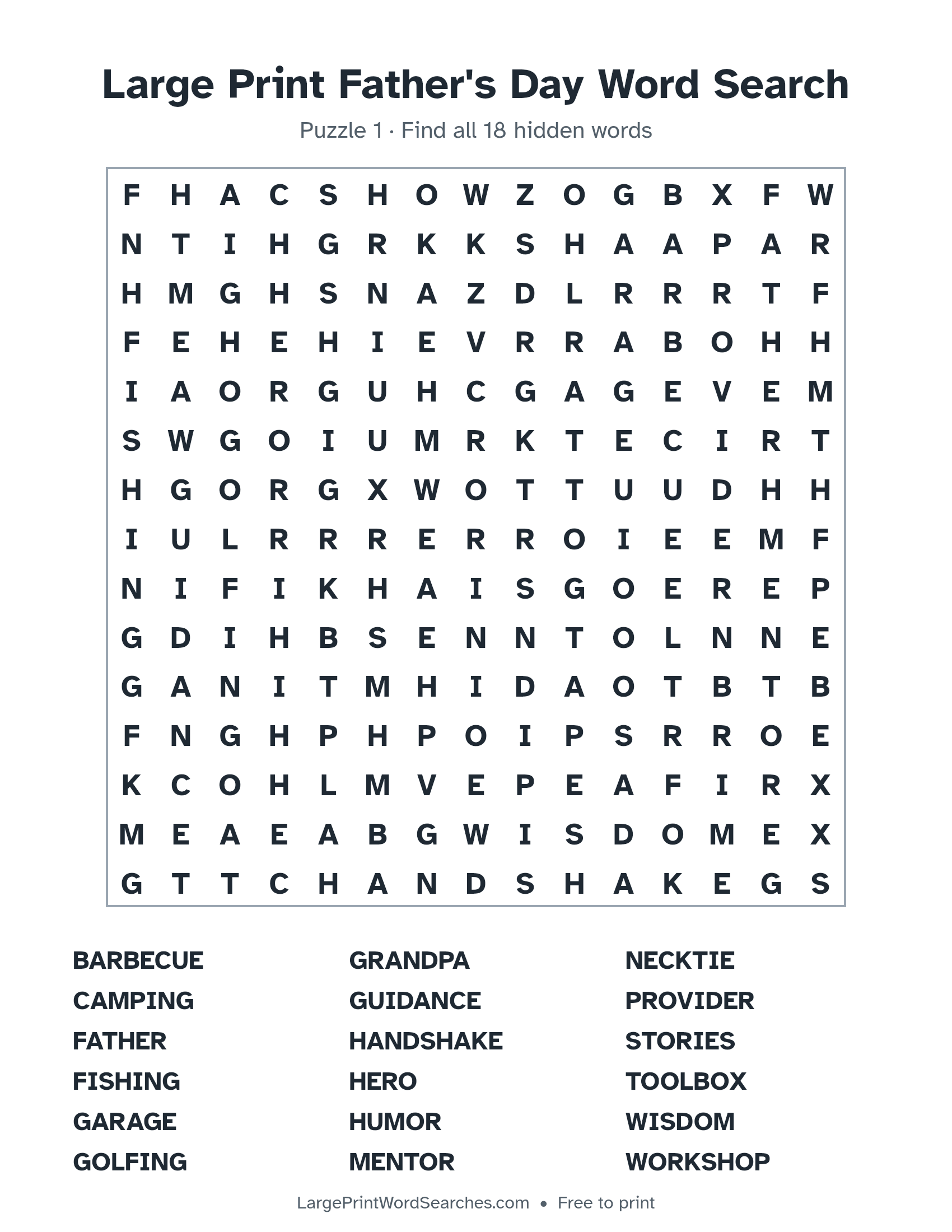 Large Print Father's Day Word Search puzzle 1: a 15 by 15 letter grid with 18 hidden words in large print