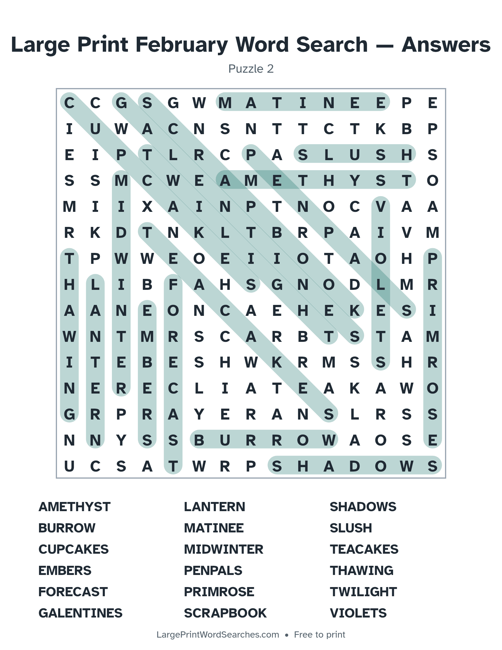 Answer key for large print february word search puzzle 2 with every hidden word highlighted