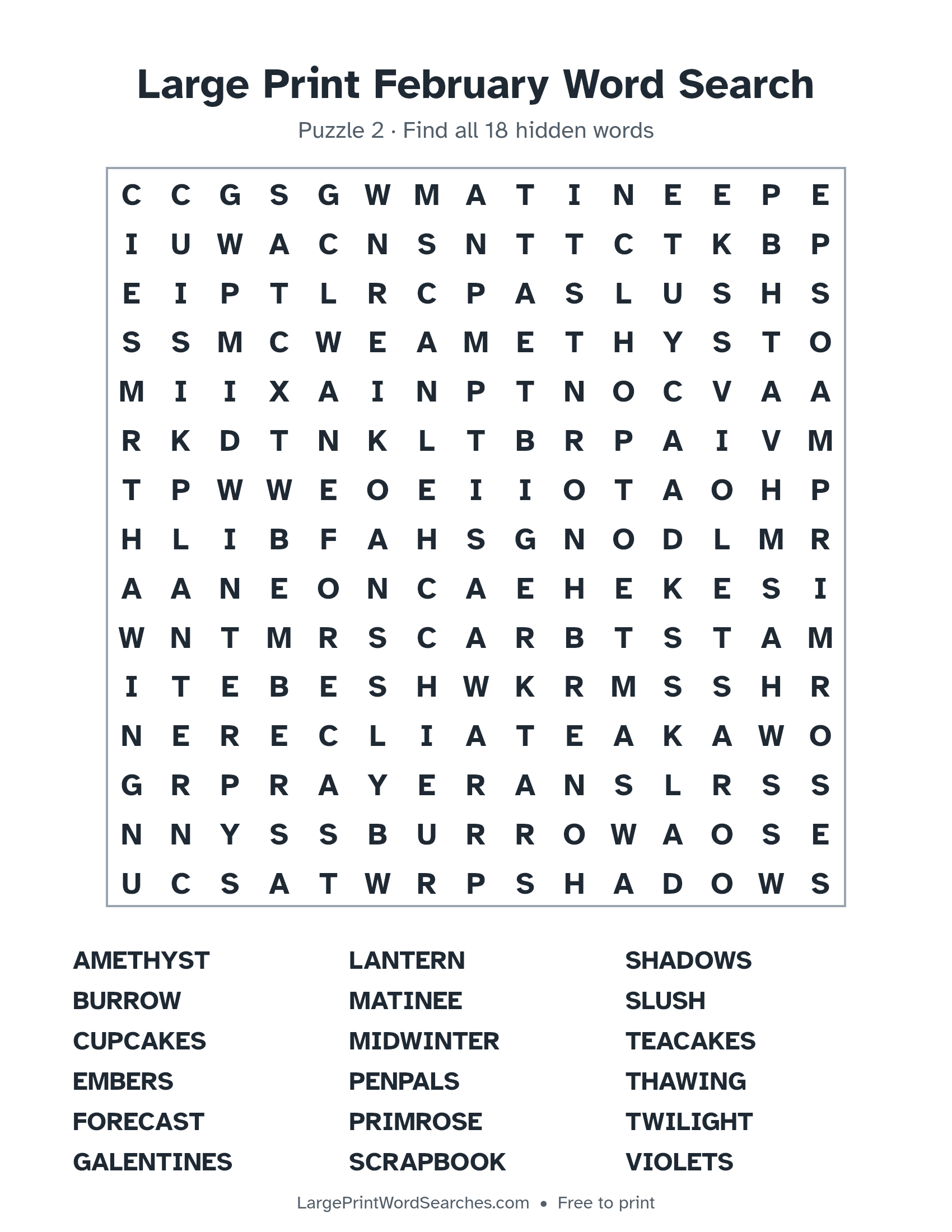 Large Print February Word Search puzzle 2: a 15 by 15 letter grid with 18 hidden words in large print
