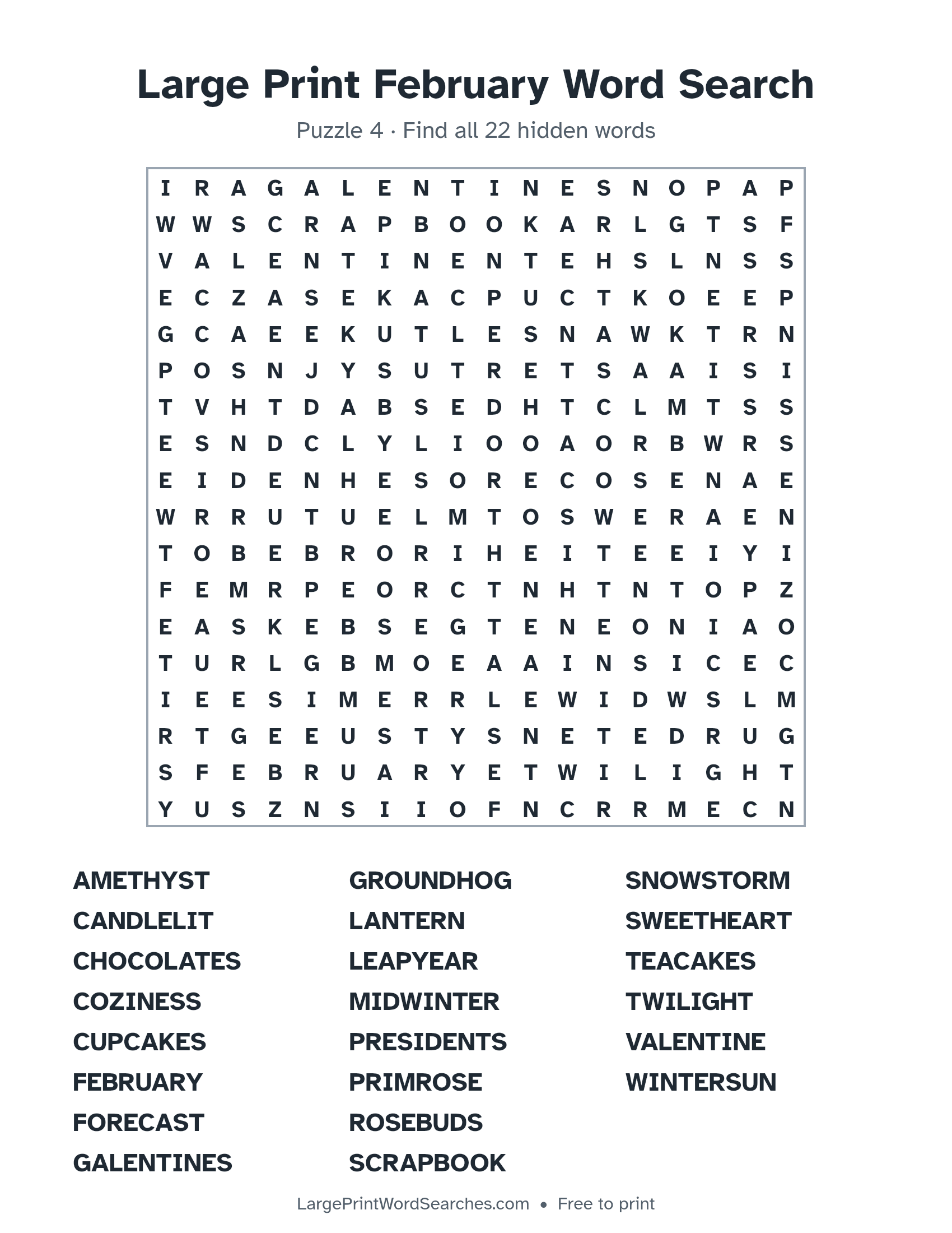 Large Print February Word Search puzzle 4: a 18 by 18 letter grid with 22 hidden words in large print