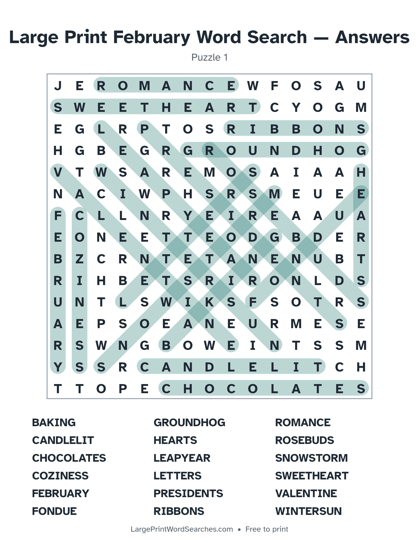 Answer key for large print february word search puzzle 1 with every hidden word highlighted