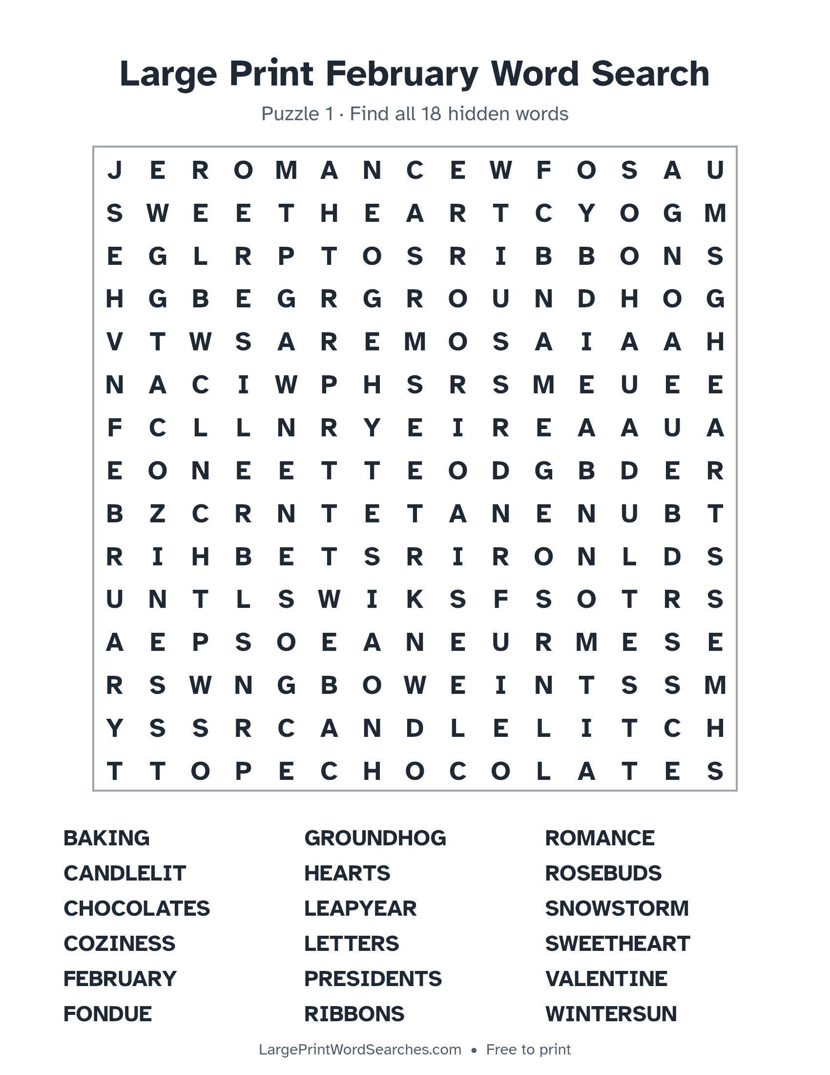 Large Print February Word Search puzzle 1: a 15 by 15 letter grid with 18 hidden words in large print