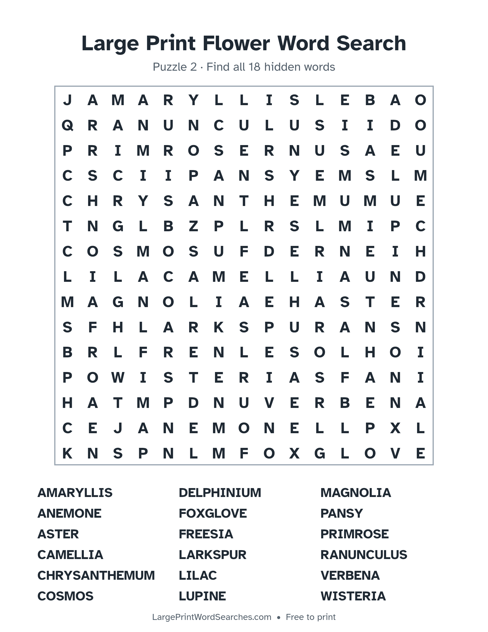 Large Print Flower Word Search puzzle 2: a 15 by 15 letter grid with 18 hidden words in large print