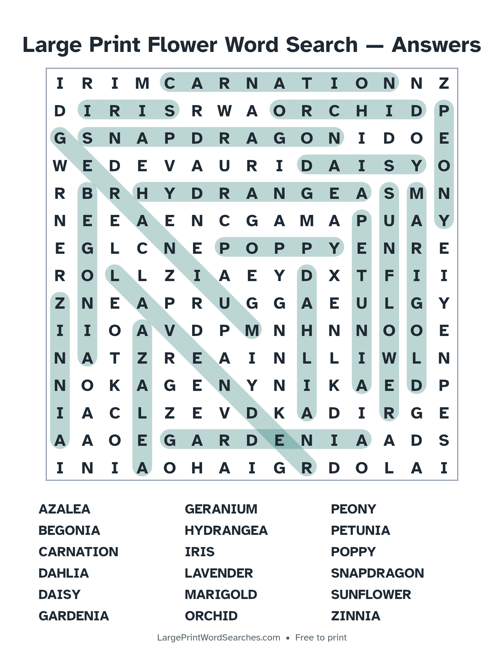 Answer key for large print flower word search puzzle 1 with every hidden word highlighted