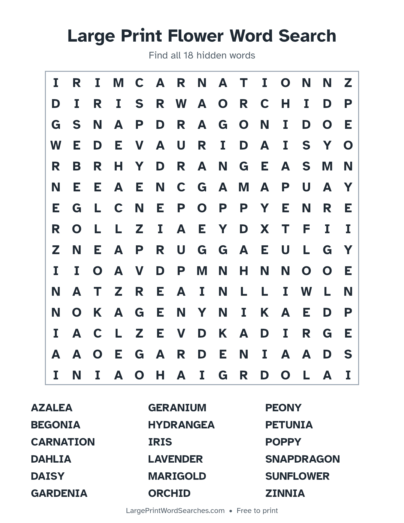 Large Print Flower Word Search puzzle 1: a 15 by 15 letter grid with 18 hidden words in large print