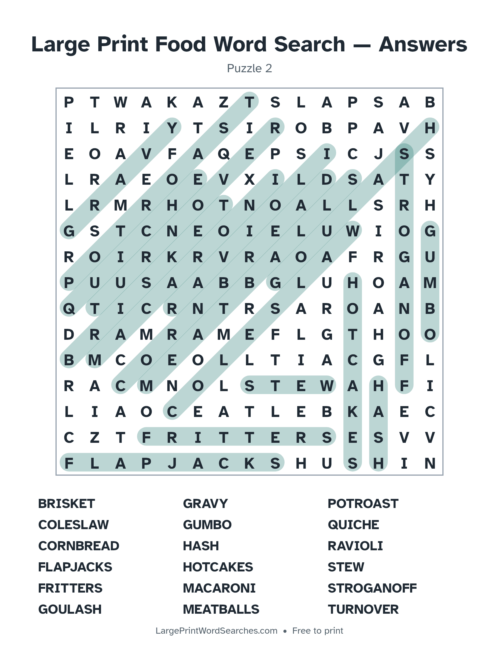 Answer key for large print food word search puzzle 2 with every hidden word highlighted
