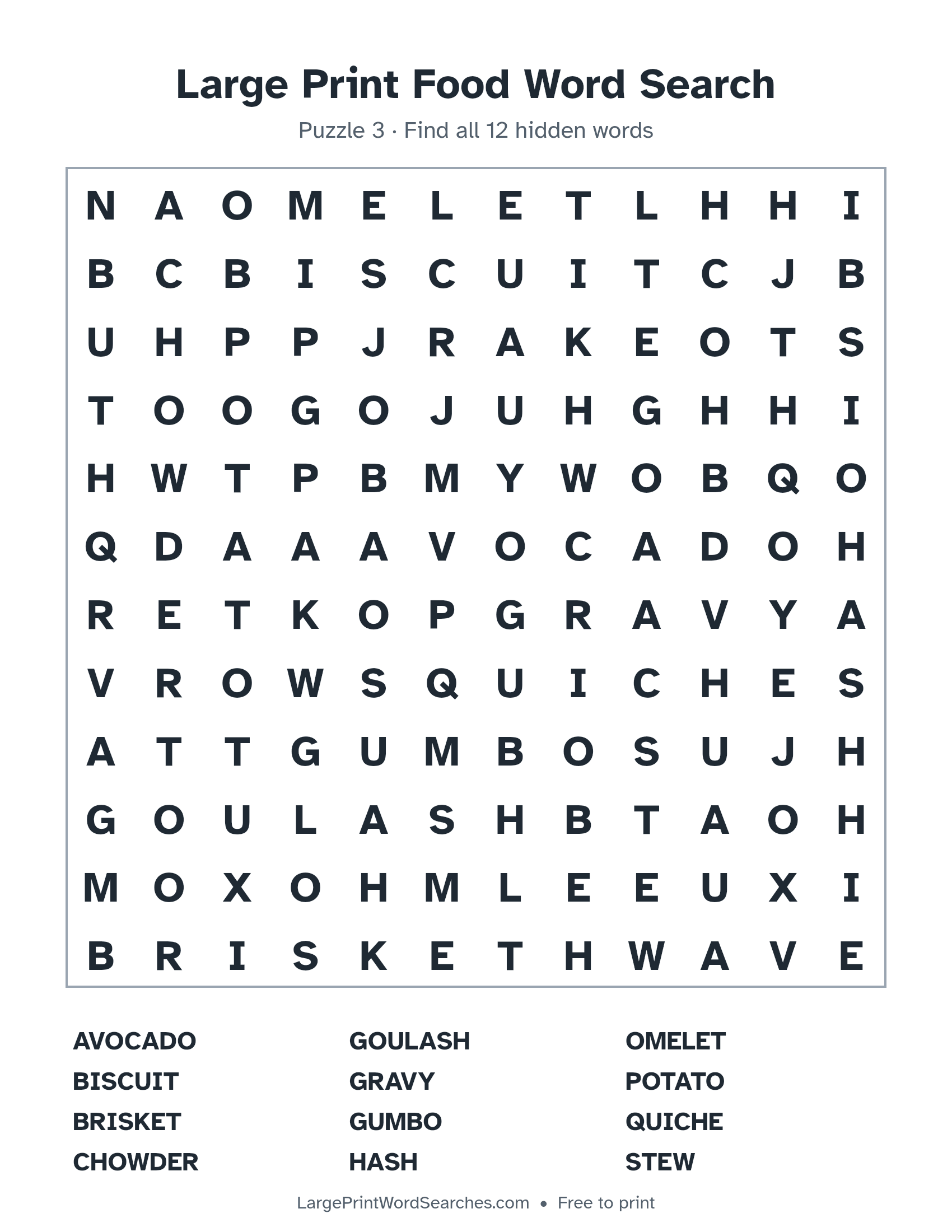 Large Print Food Word Search puzzle 3: a 12 by 12 letter grid with 12 hidden words in large print