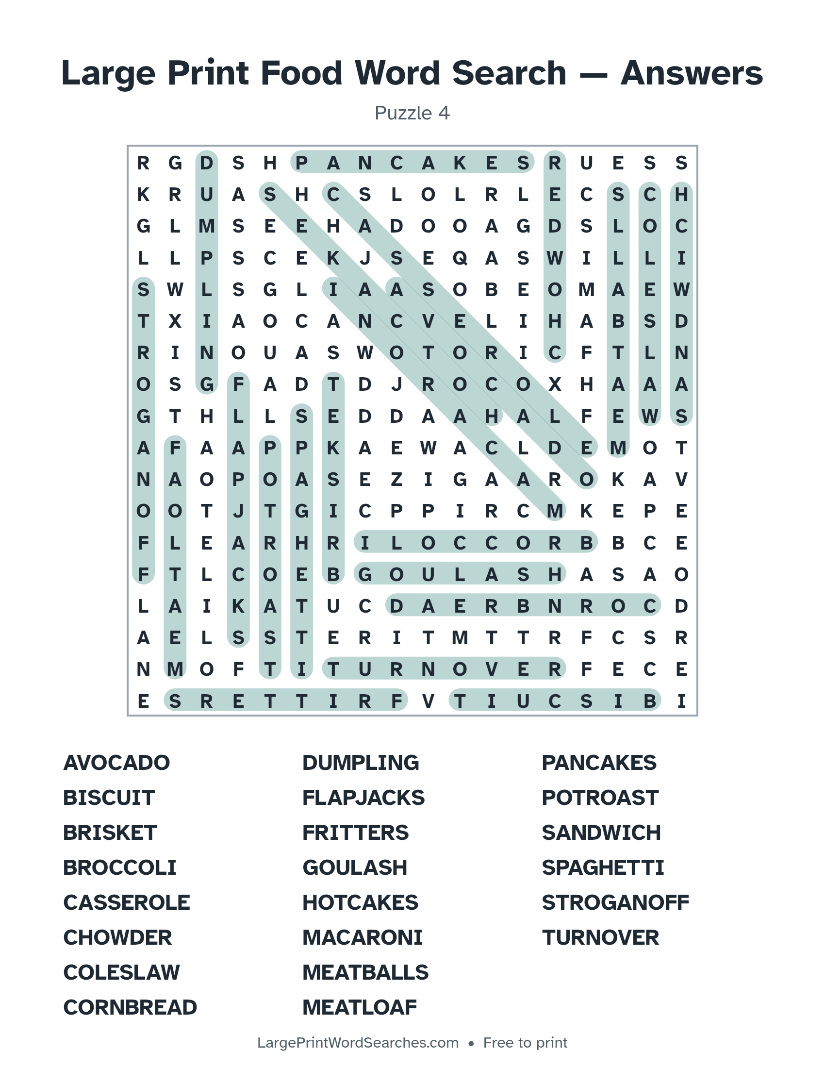 Answer key for large print food word search puzzle 4 with every hidden word highlighted