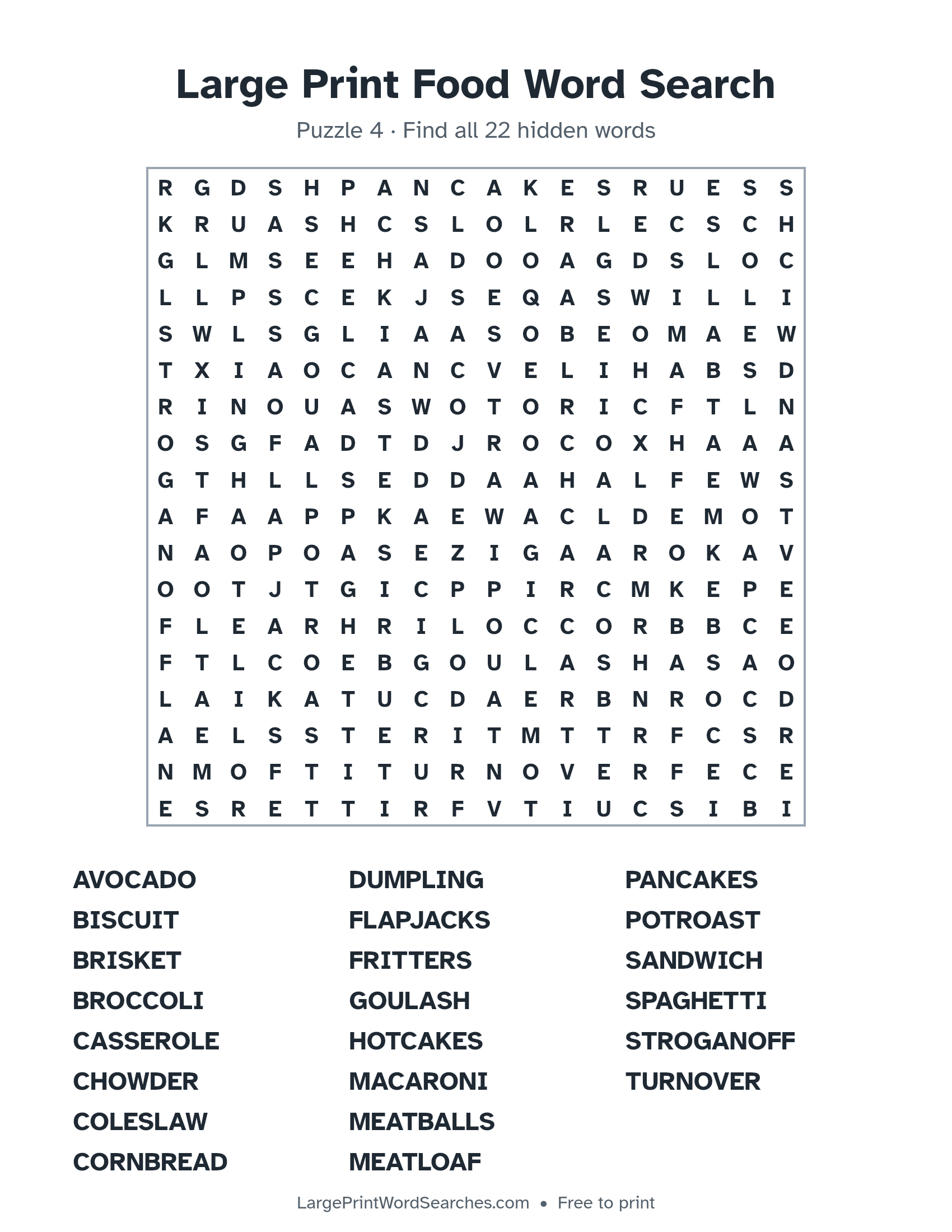 Large Print Food Word Search puzzle 4: a 18 by 18 letter grid with 22 hidden words in large print