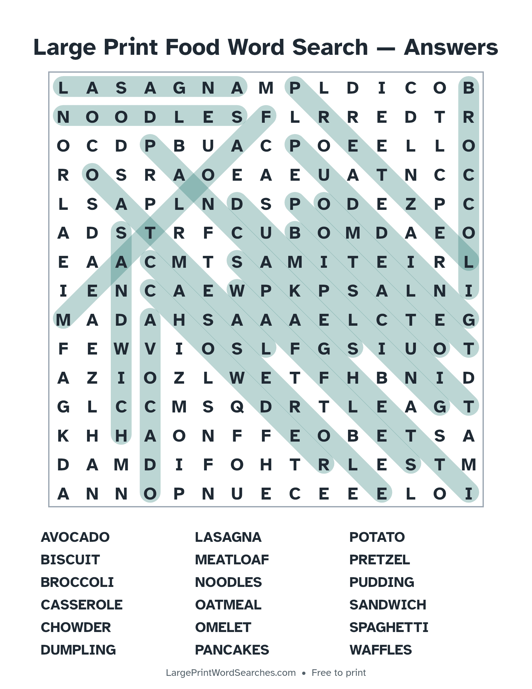 Answer key for large print food word search puzzle 1 with every hidden word highlighted