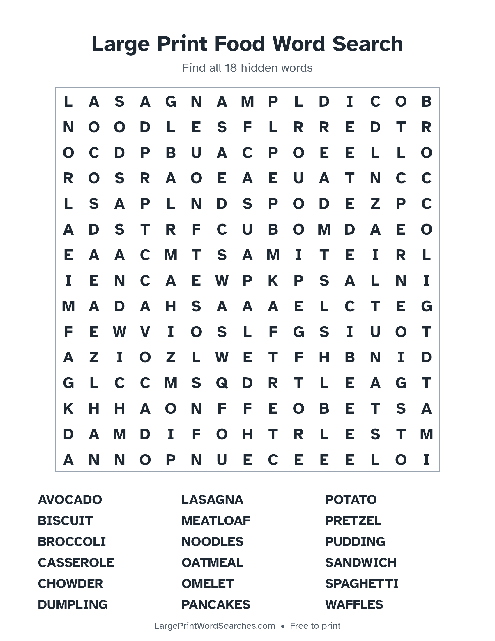 Large Print Food Word Search puzzle 1: a 15 by 15 letter grid with 18 hidden words in large print