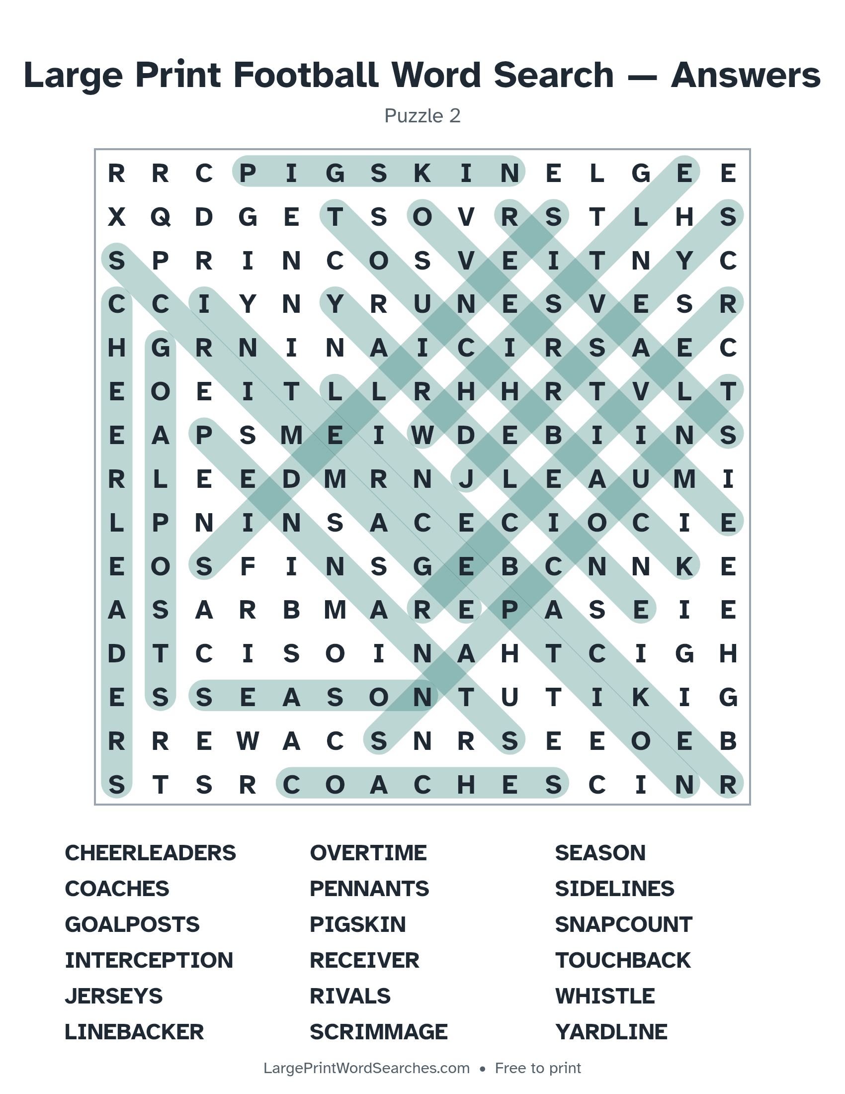 Answer key for large print football word search puzzle 2 with every hidden word highlighted