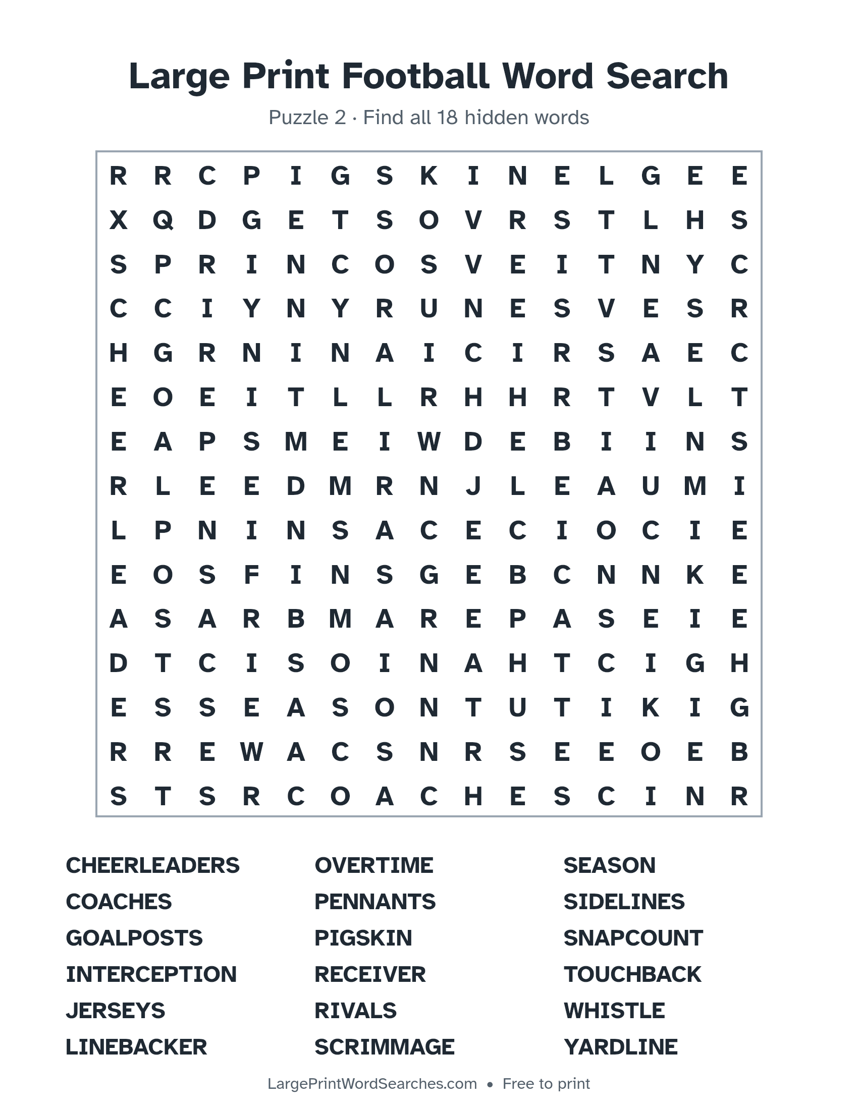 Large Print Football Word Search puzzle 2: a 15 by 15 letter grid with 18 hidden words in large print