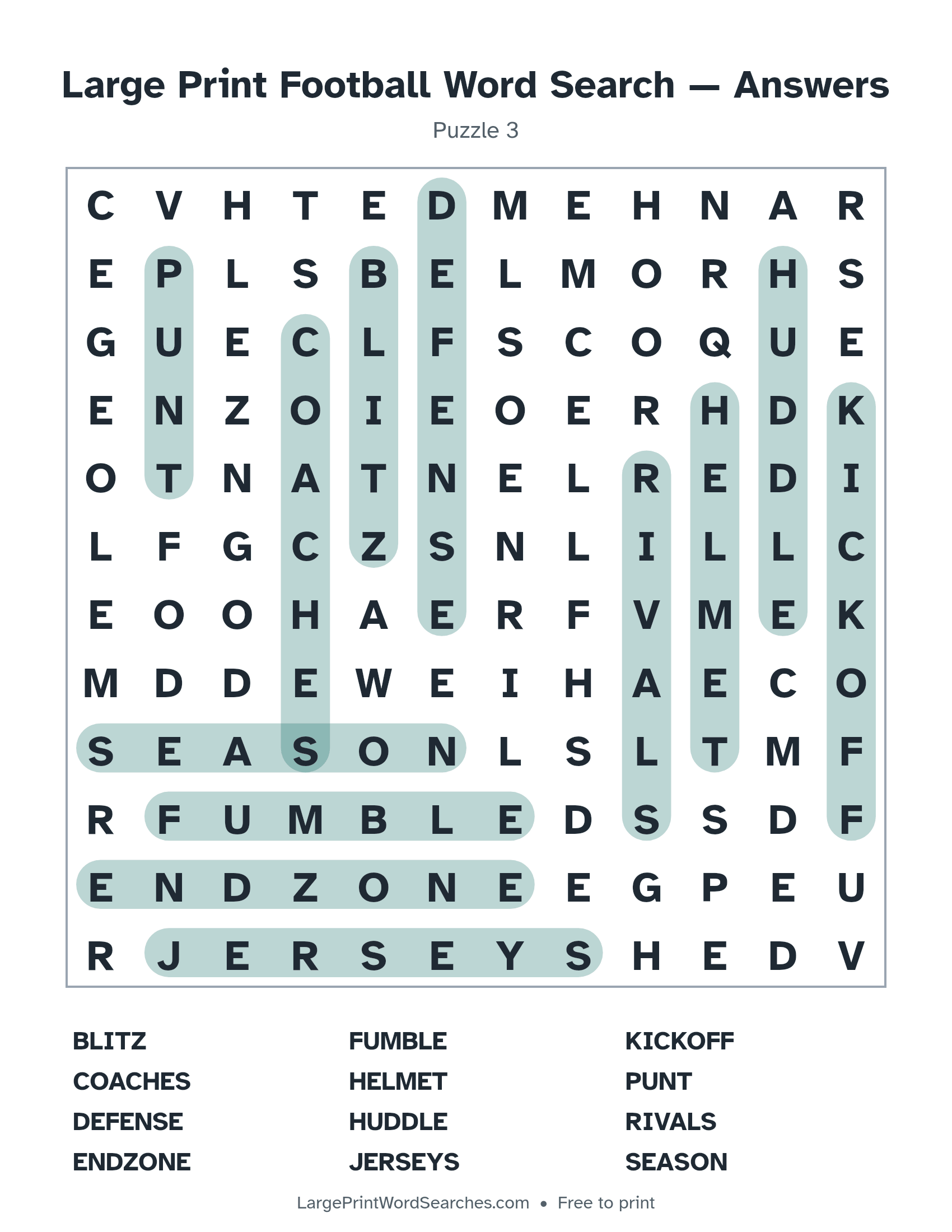 Answer key for large print football word search puzzle 3 with every hidden word highlighted