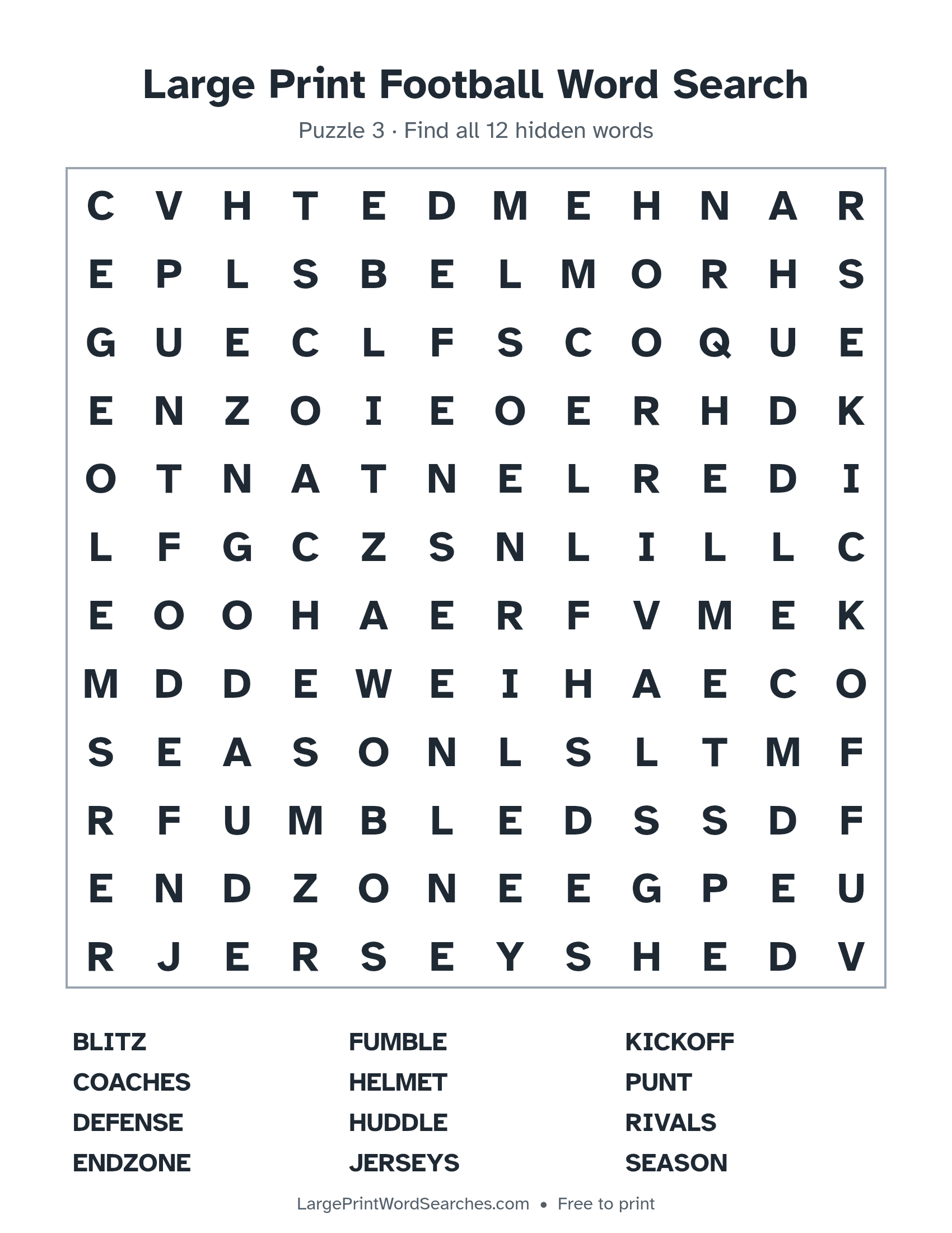 Large Print Football Word Search puzzle 3: a 12 by 12 letter grid with 12 hidden words in large print