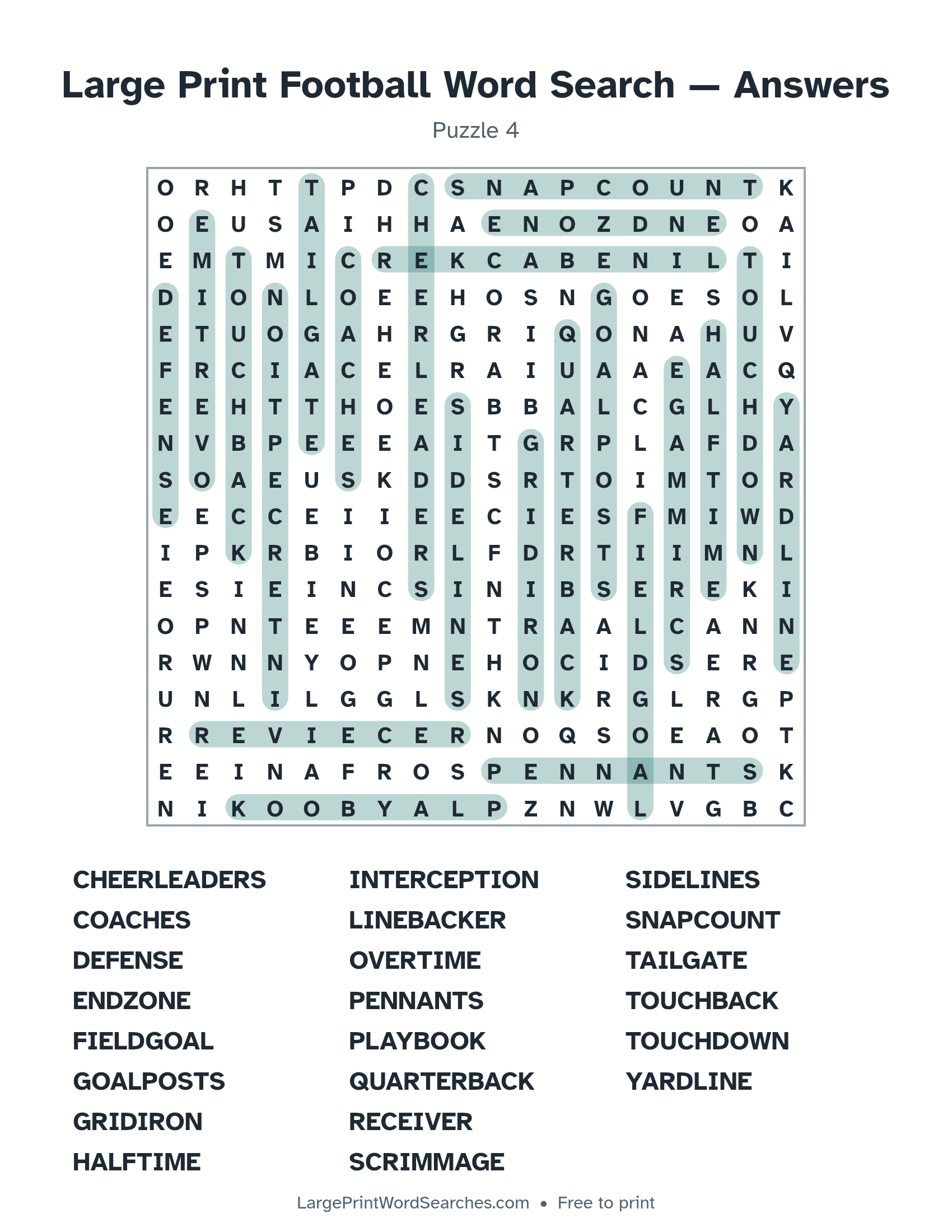 Answer key for large print football word search puzzle 4 with every hidden word highlighted