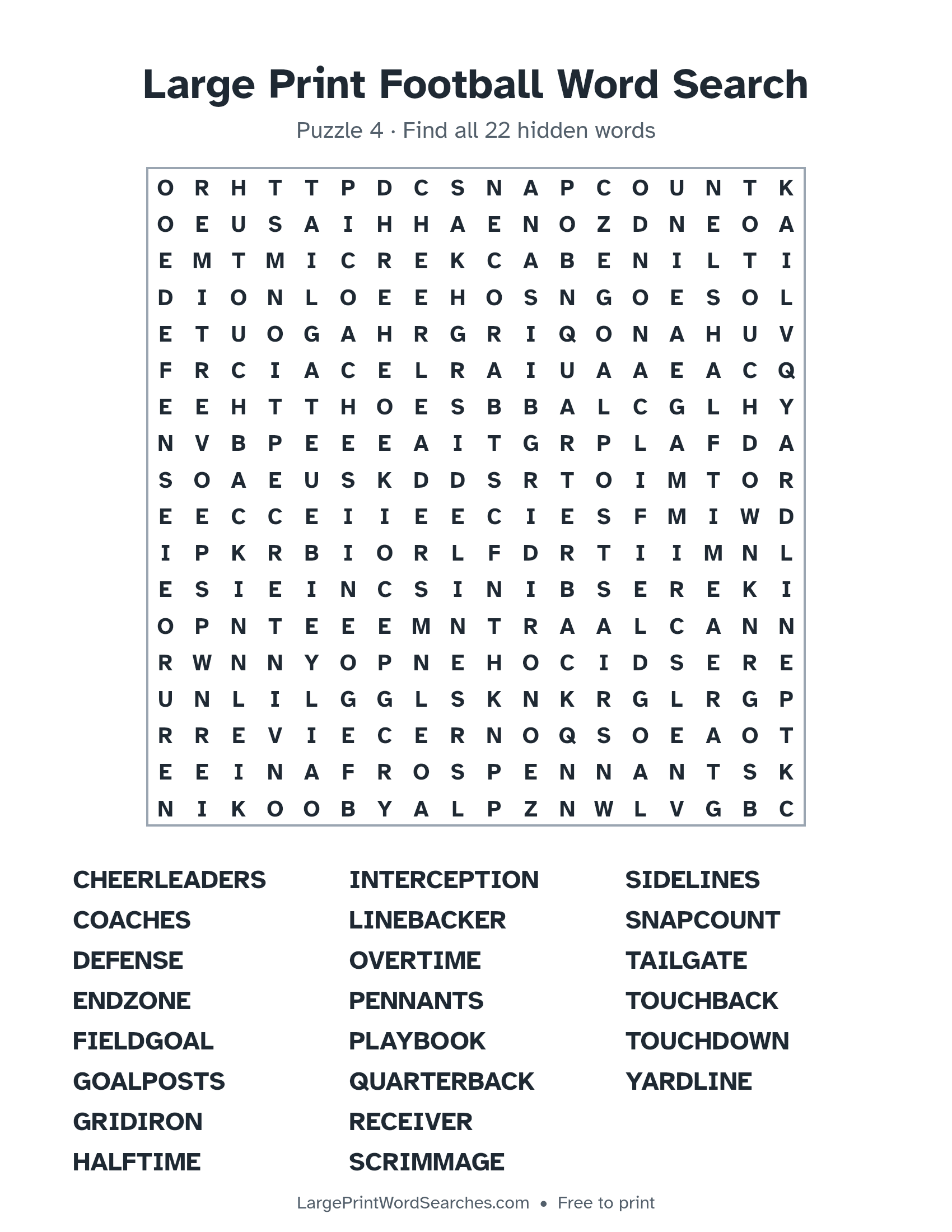 Large Print Football Word Search puzzle 4: a 18 by 18 letter grid with 22 hidden words in large print