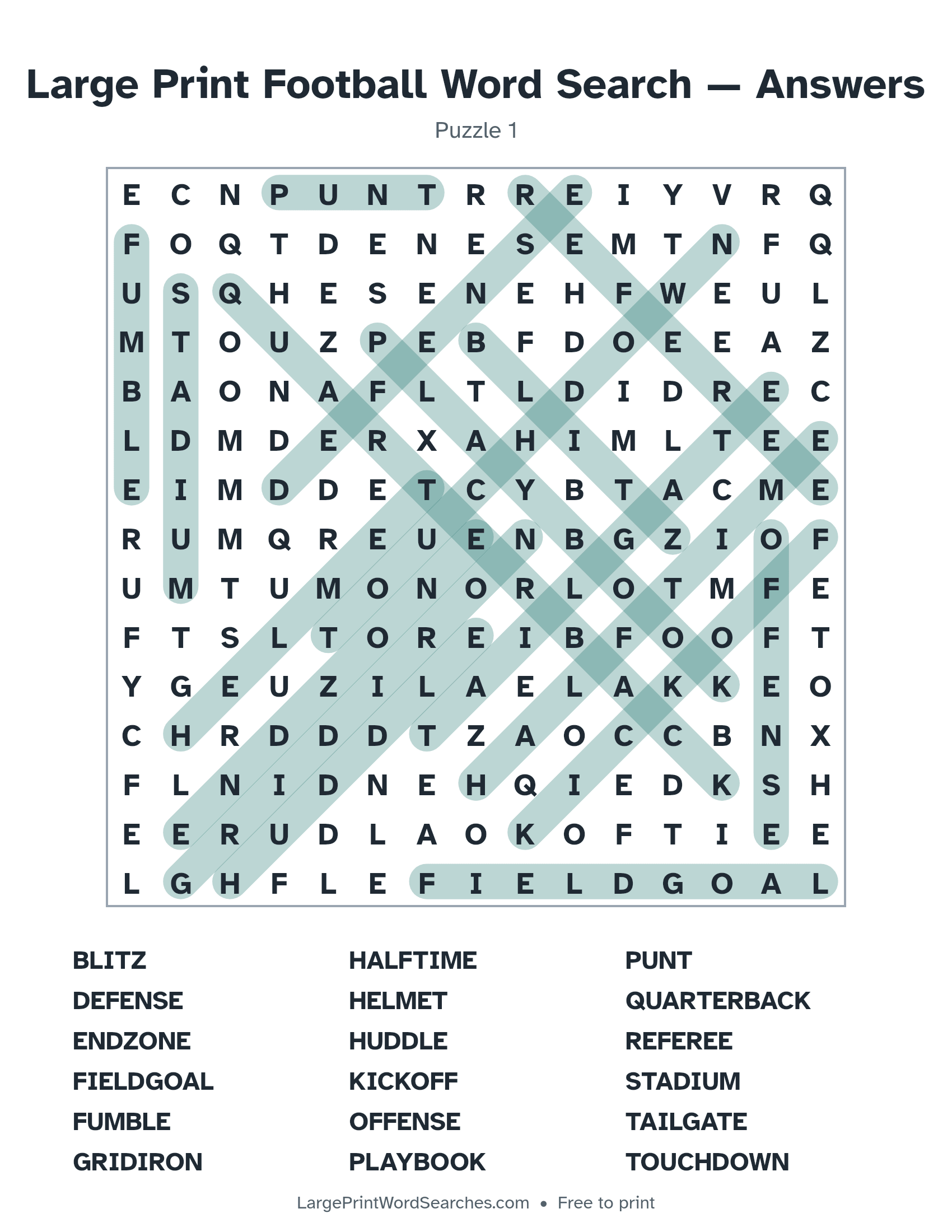 Answer key for large print football word search puzzle 1 with every hidden word highlighted