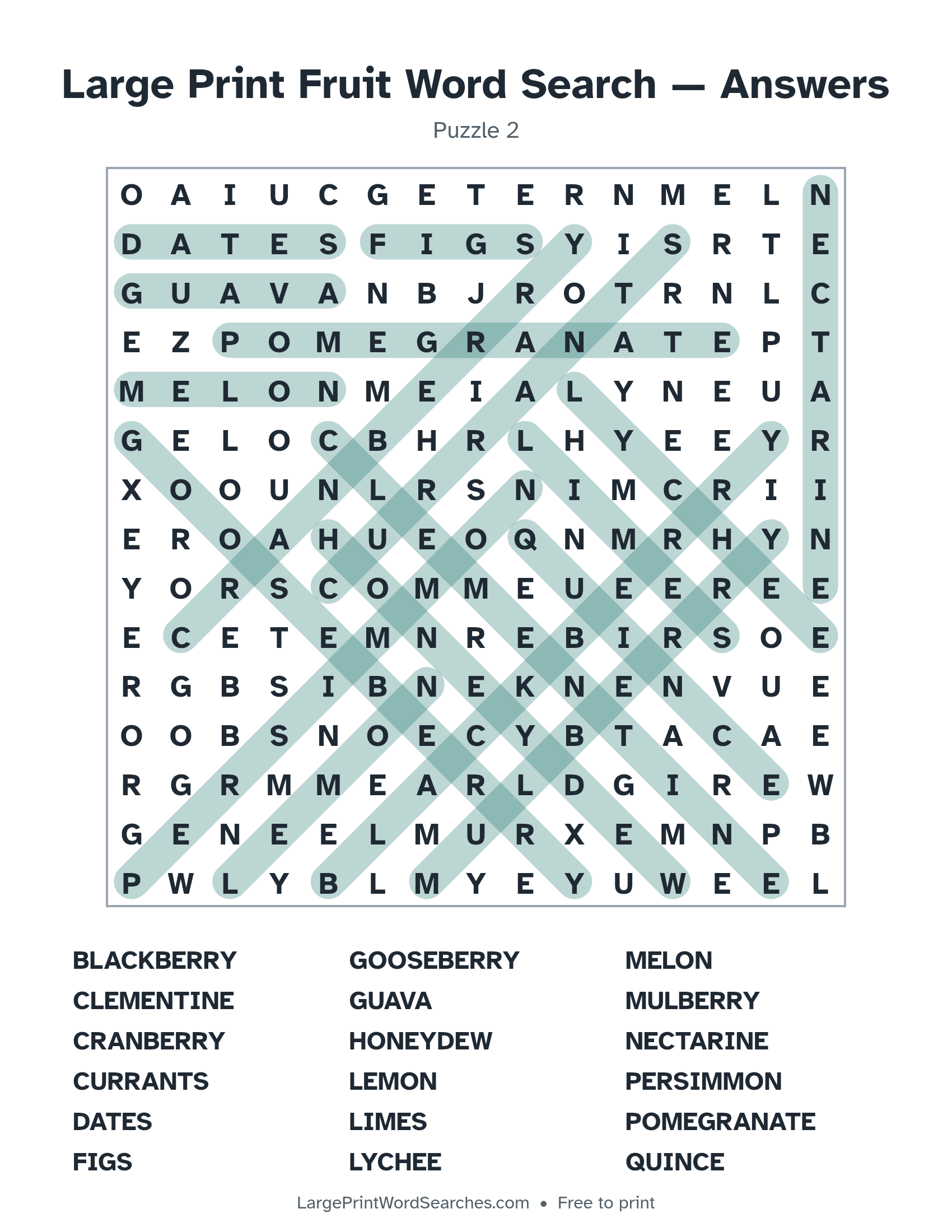 Answer key for large print fruit word search puzzle 2 with every hidden word highlighted
