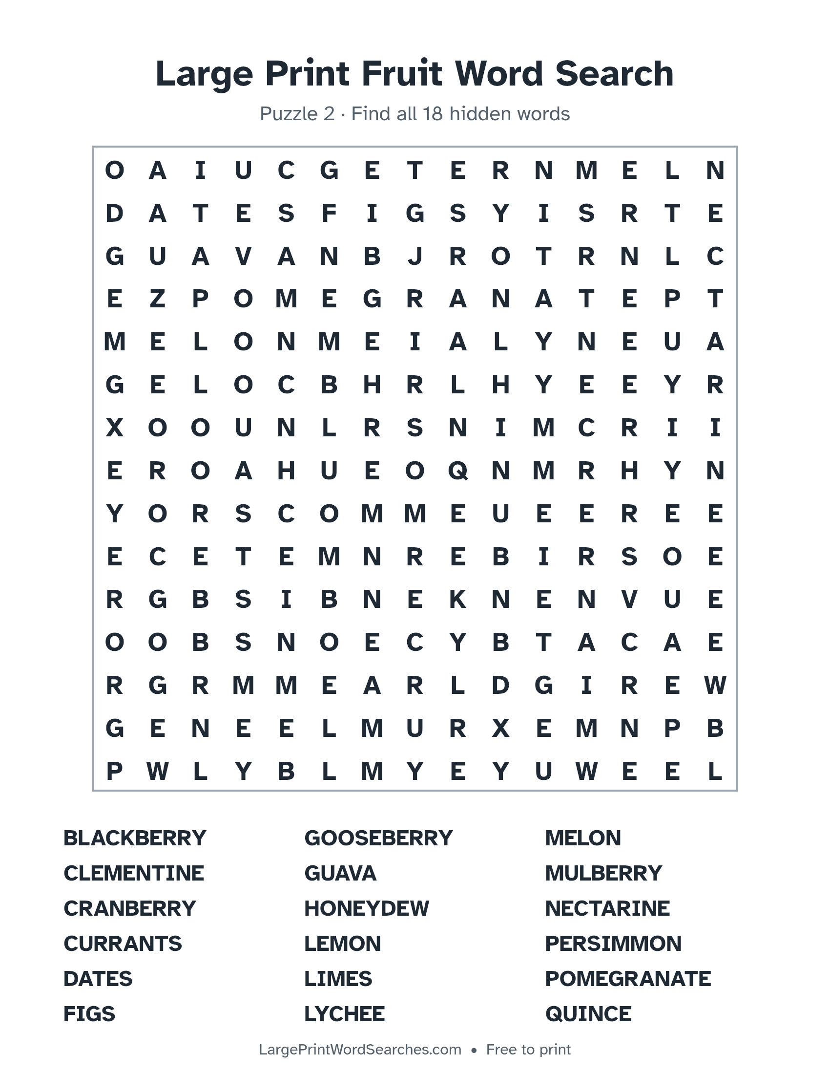 Large Print Fruit Word Search puzzle 2: a 15 by 15 letter grid with 18 hidden words in large print