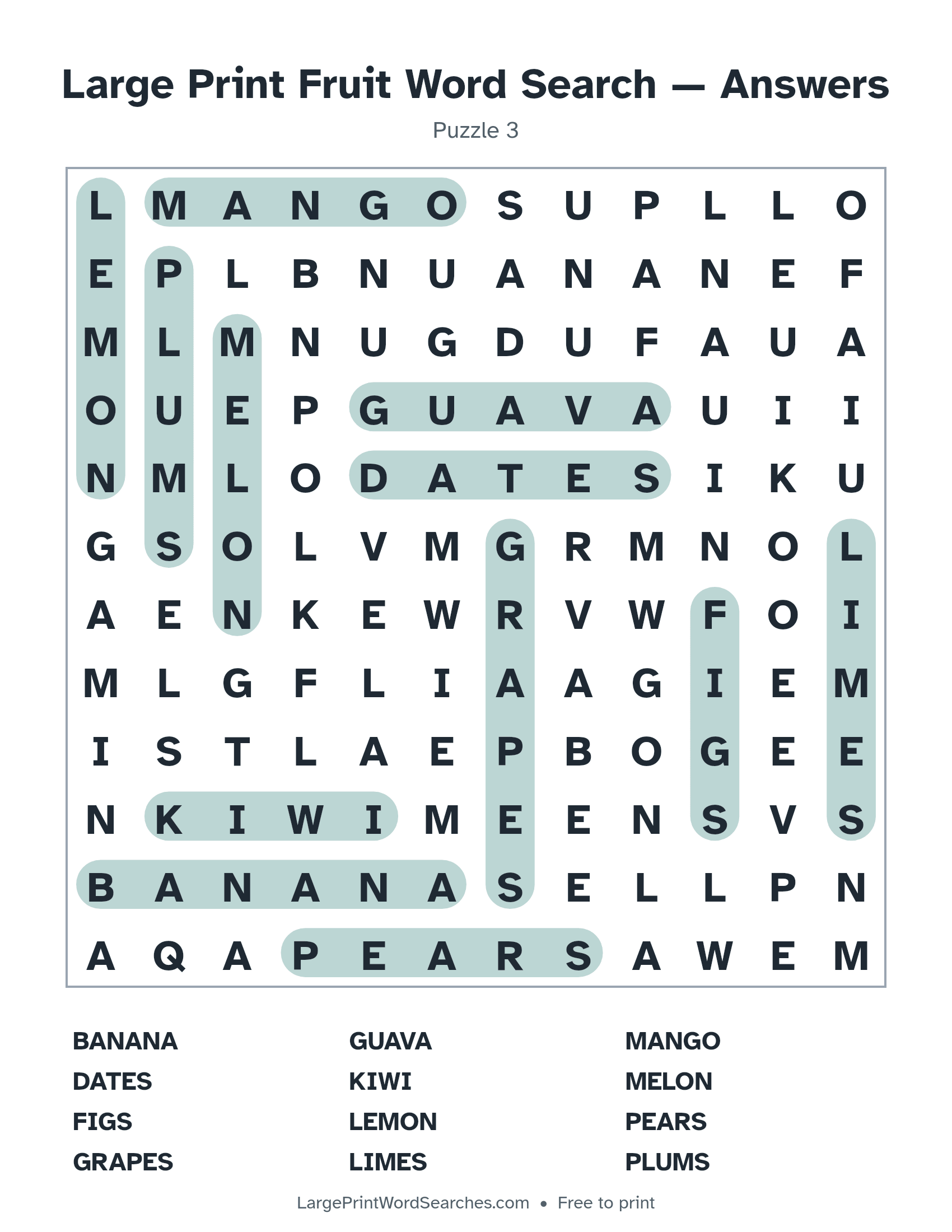 Answer key for large print fruit word search puzzle 3 with every hidden word highlighted